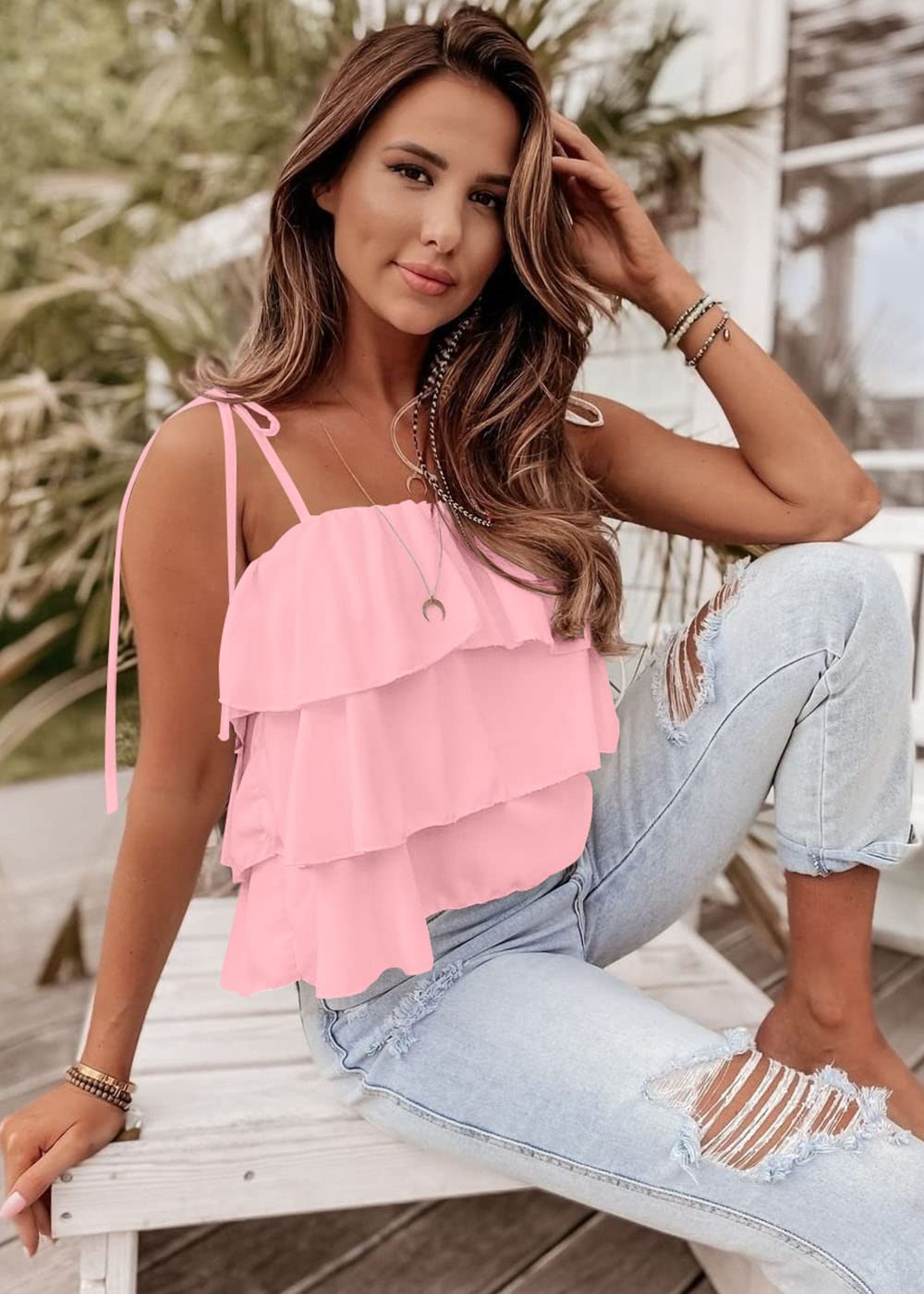 FreshPretty Spaghetti Strap Ruffle Babydoll Peplum Tank Tops for Women Summer Cute Flowy Beach Vacation Cruise Outfits