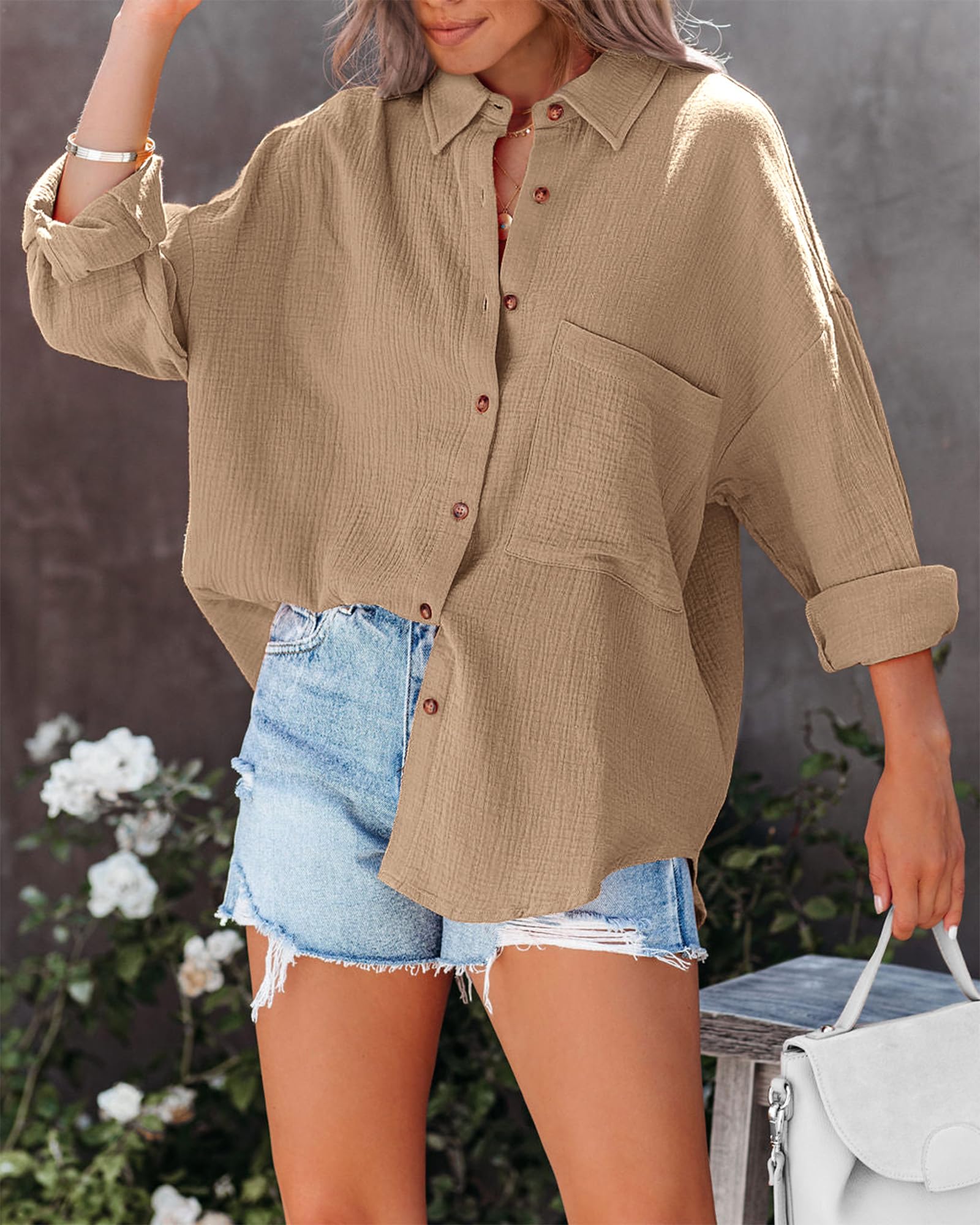 FreshPretty Casual Shirts for Women Long Sleeve Button Down Blouses Fall Solid Color Trendy Tops with Pocket