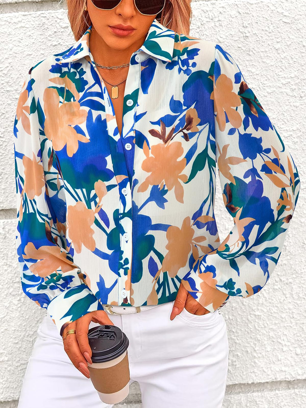 PRETTYGARDEN Women's Floral Blouses Dressy Casual V Neck Button Down Shirts Lantern Long Sleeve Boho Chiffon Spring Tops