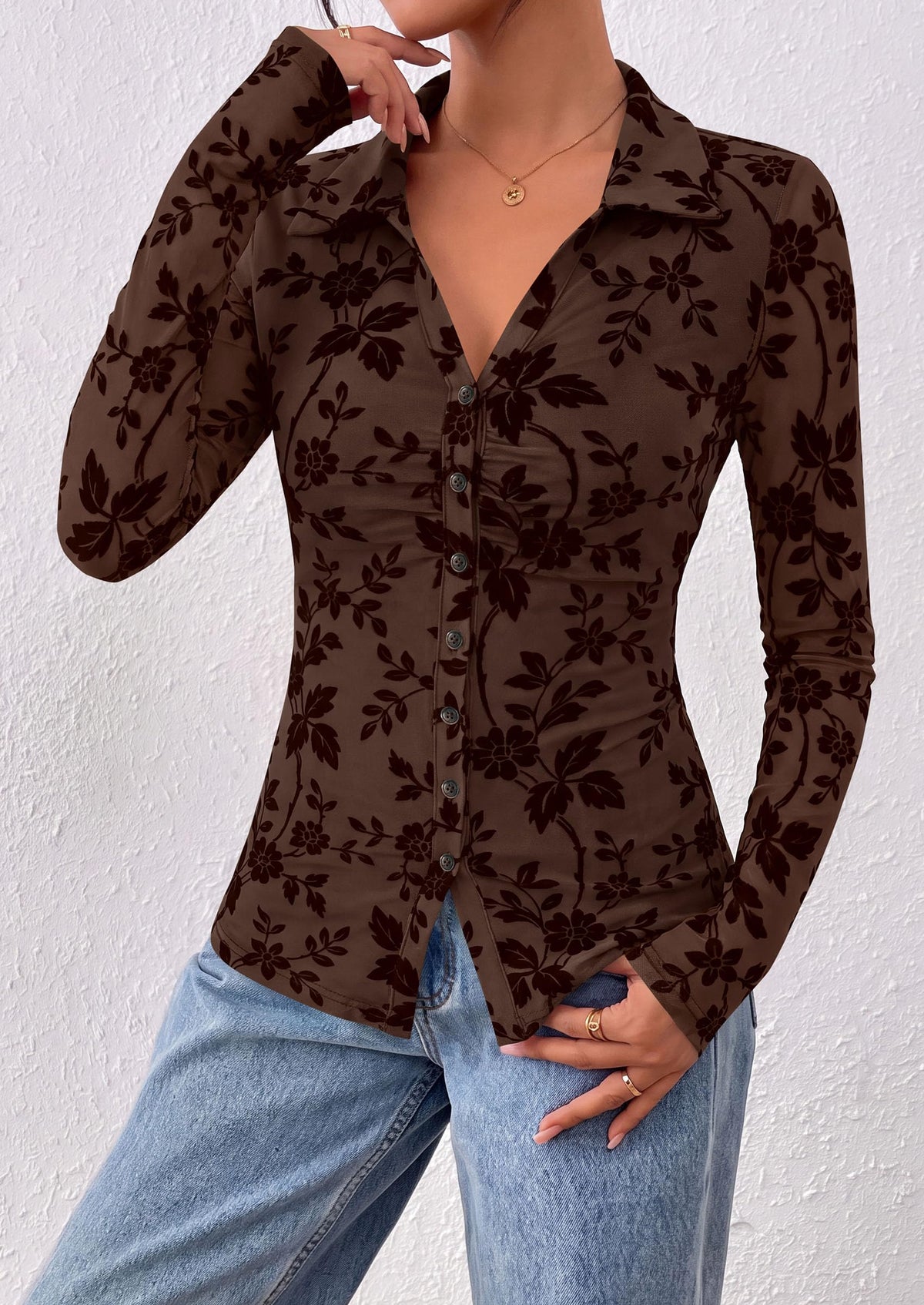 PRETTYGARDEN Women's Long Sleeve Floral Mesh Boho Tops Button Down Shirts Fall Blouses Dressy, Ruched Slim Fit, Collared V Neck, Trendy Going Out Date Night Outfit, Elegant Casual Work Office Clothes