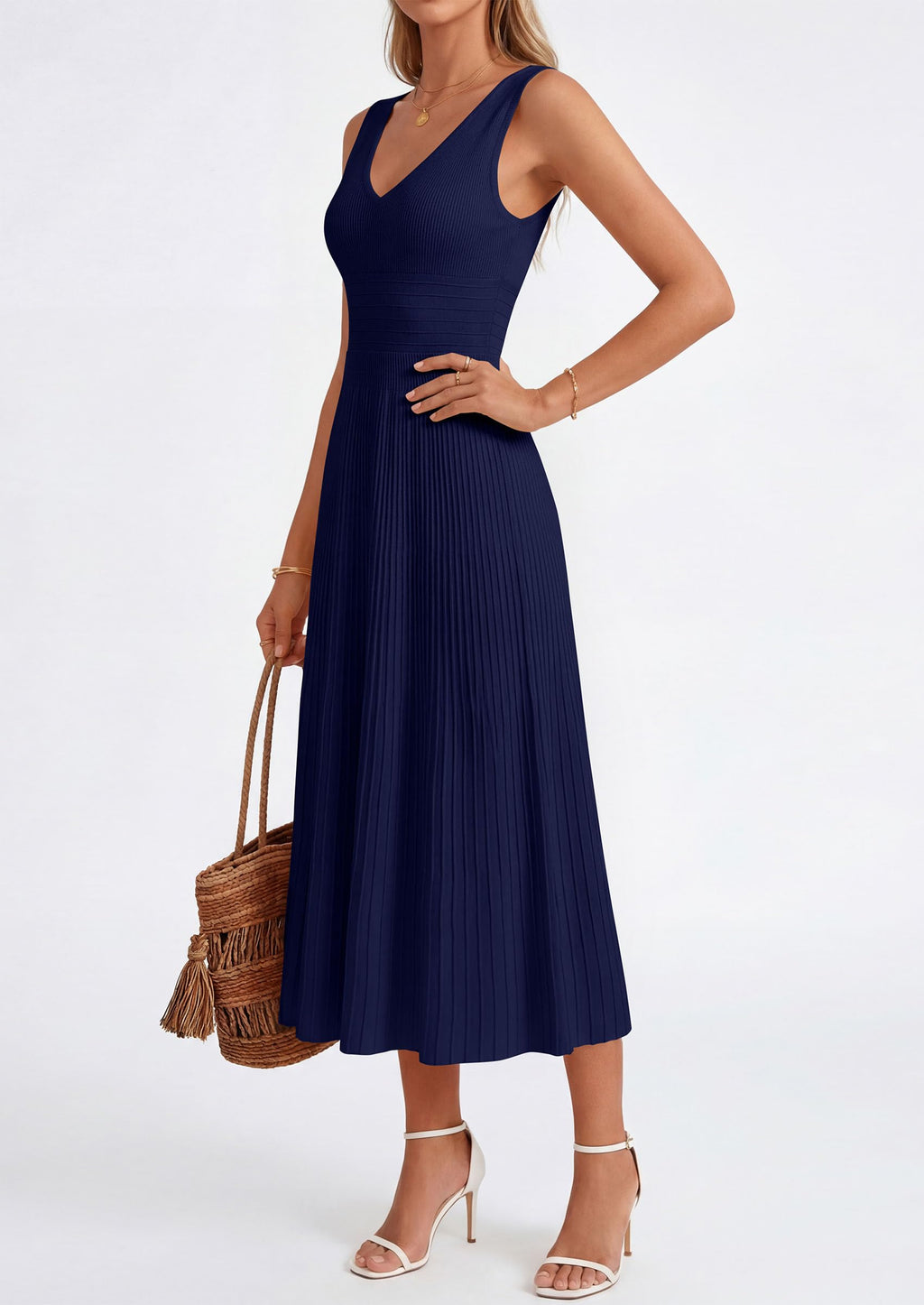 PRETTYGARDEN Women's Summer Casual Dresses Spring Sleeveless V Neck Knit Midi Business Work A Line Cocktail Dress