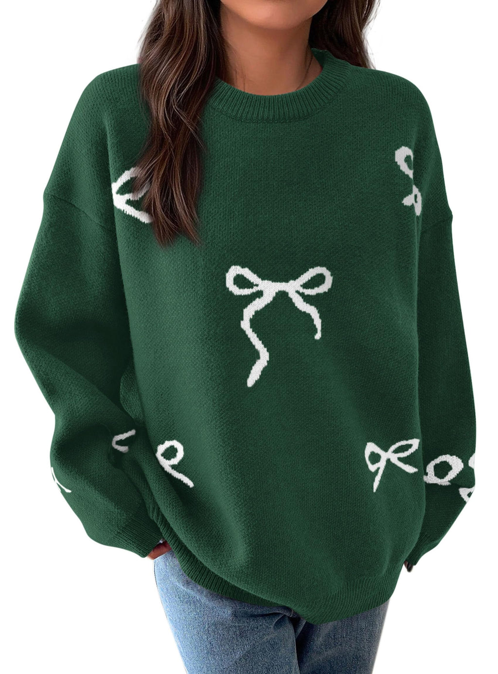 PRETTYGARDEN Fall Long Sleeve Pullover Sweaters for Women Trendy Crewneck Casual Cute Bow Chunky Knit Oversized Sweater
