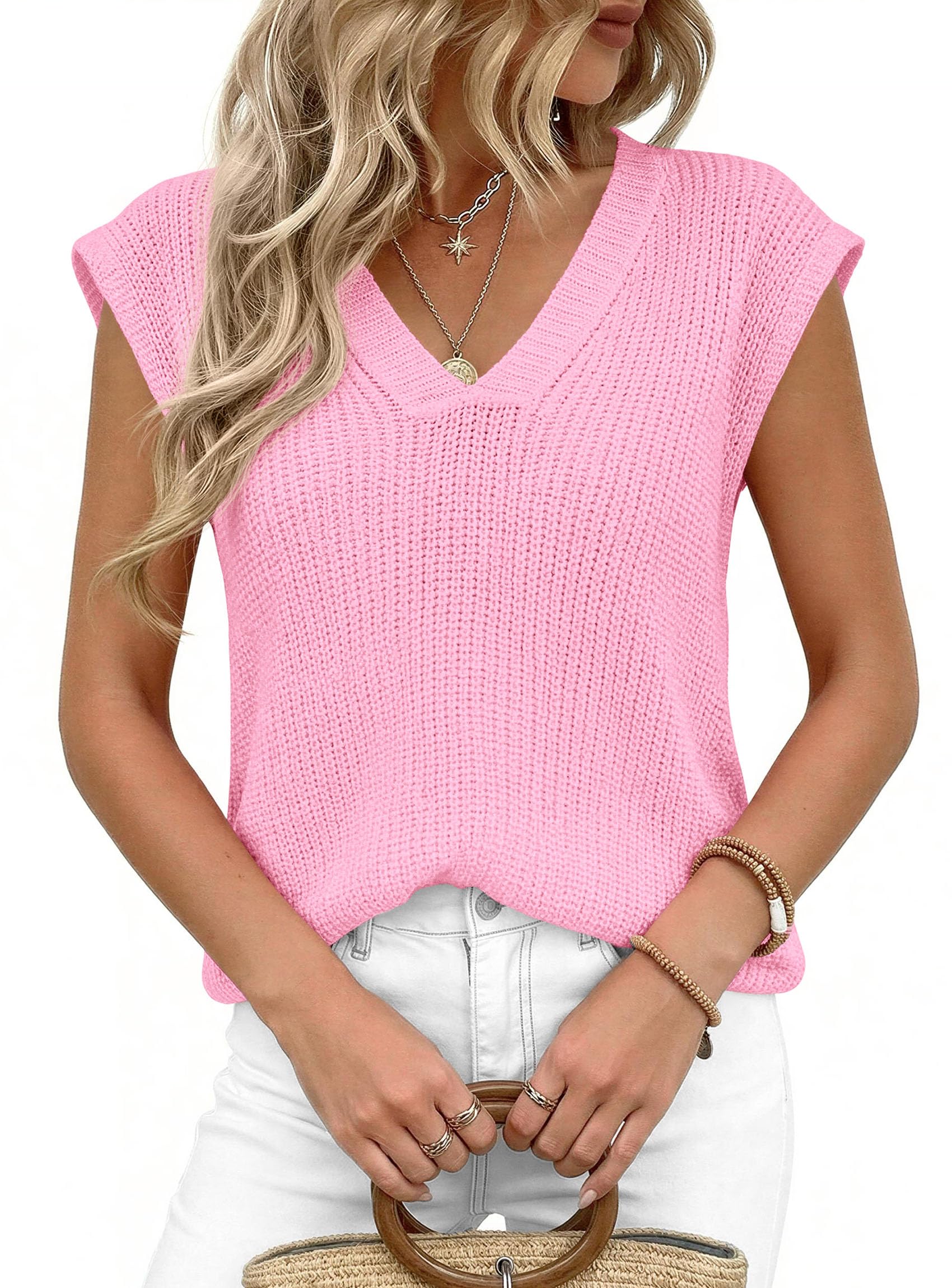PRETTYGARDEN Women's Lightweight Sweaters Vest Spring Trendy Cap Sleeve V Neck Knit Tank Tops Summer Going Out Outfits