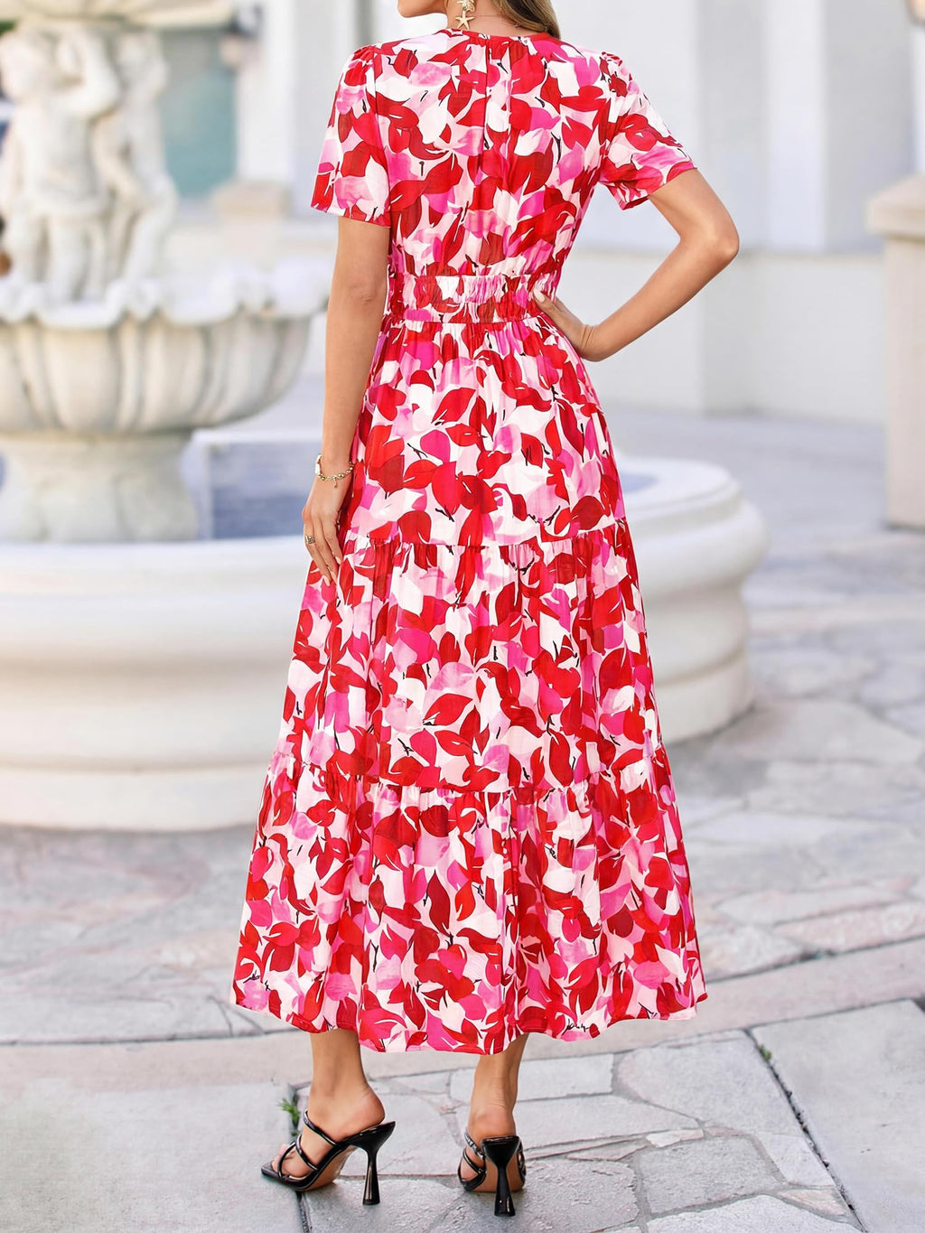 BTFBM Womens Summer Floral Maxi Dresses V Neck Short Sleeve Boho Casual Flowy Long Wedding Guest Dress Beach Vacation