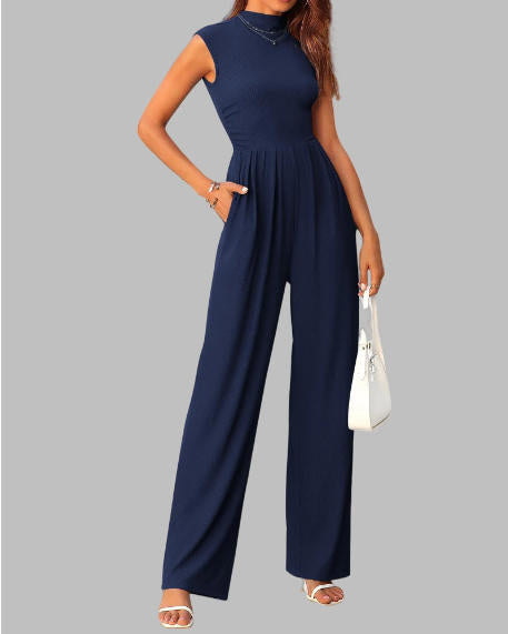 FreshPretty Womens Jumpsuit Dressy Casual Summer Outfits One Piece Cap Sleeve Mock Neck Wide Leg Pants Rompers with Pockets