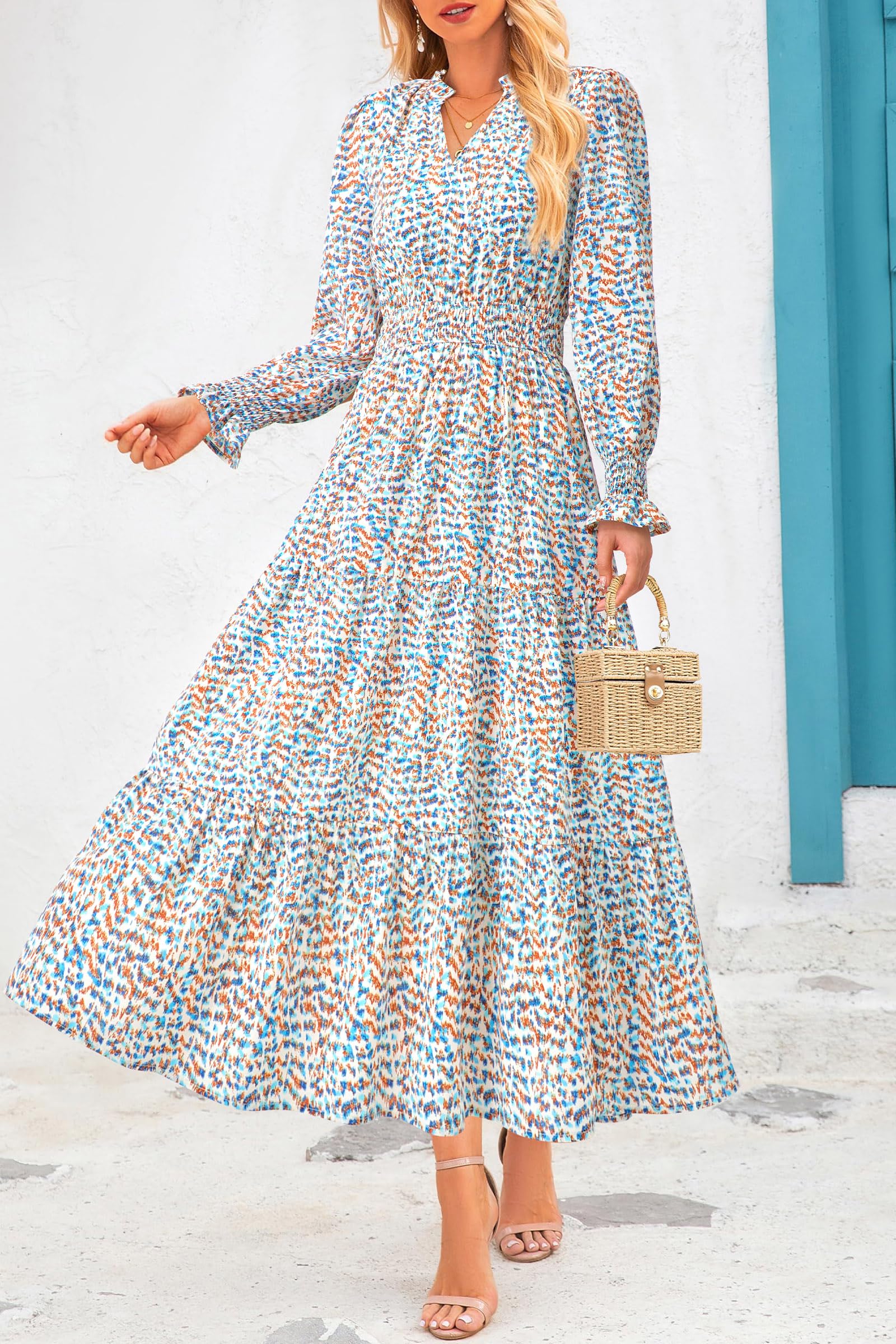 PRETTYGARDEN Women's Floral Maxi Dress Fall Long Sleeve V Neck Casual A Line Long Flowy Boho Party Dresses