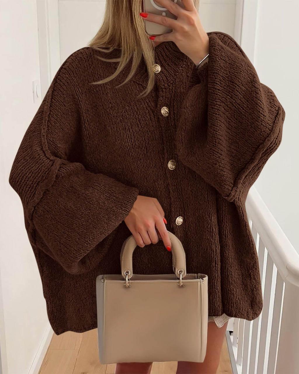 FreshPretty Cardigan Sweaters for Women Fall Clothes Lantern Long Sleeve Button Open Front Chunky Knit Oversized Sweater