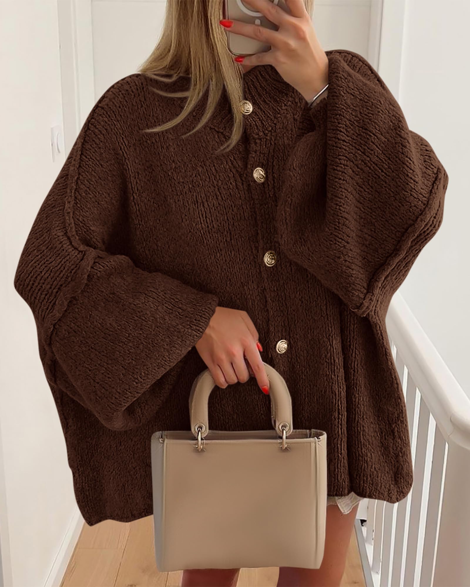 FreshPretty Cardigan Sweaters for Women Fall Clothes Lantern Long Sleeve Button Open Front Chunky Knit Oversized Sweater