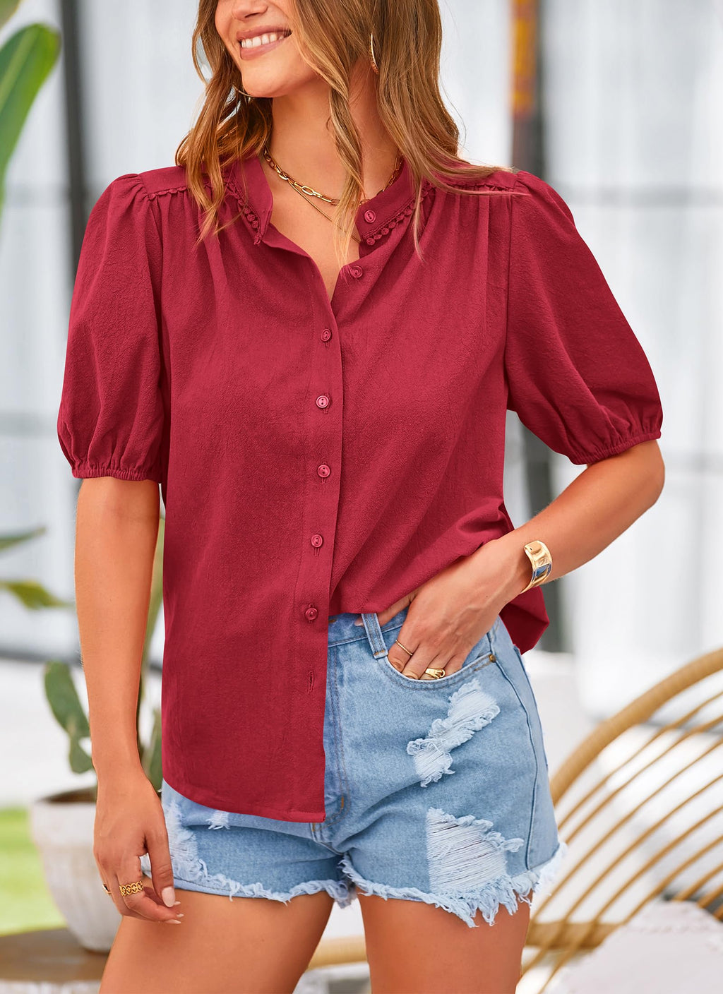 PRETTYGARDEN Women's Summer Button Down Shirts Short Lantern Sleeve V Neck Cotton Cute Dressy Casual Ladies Tops Blouses
