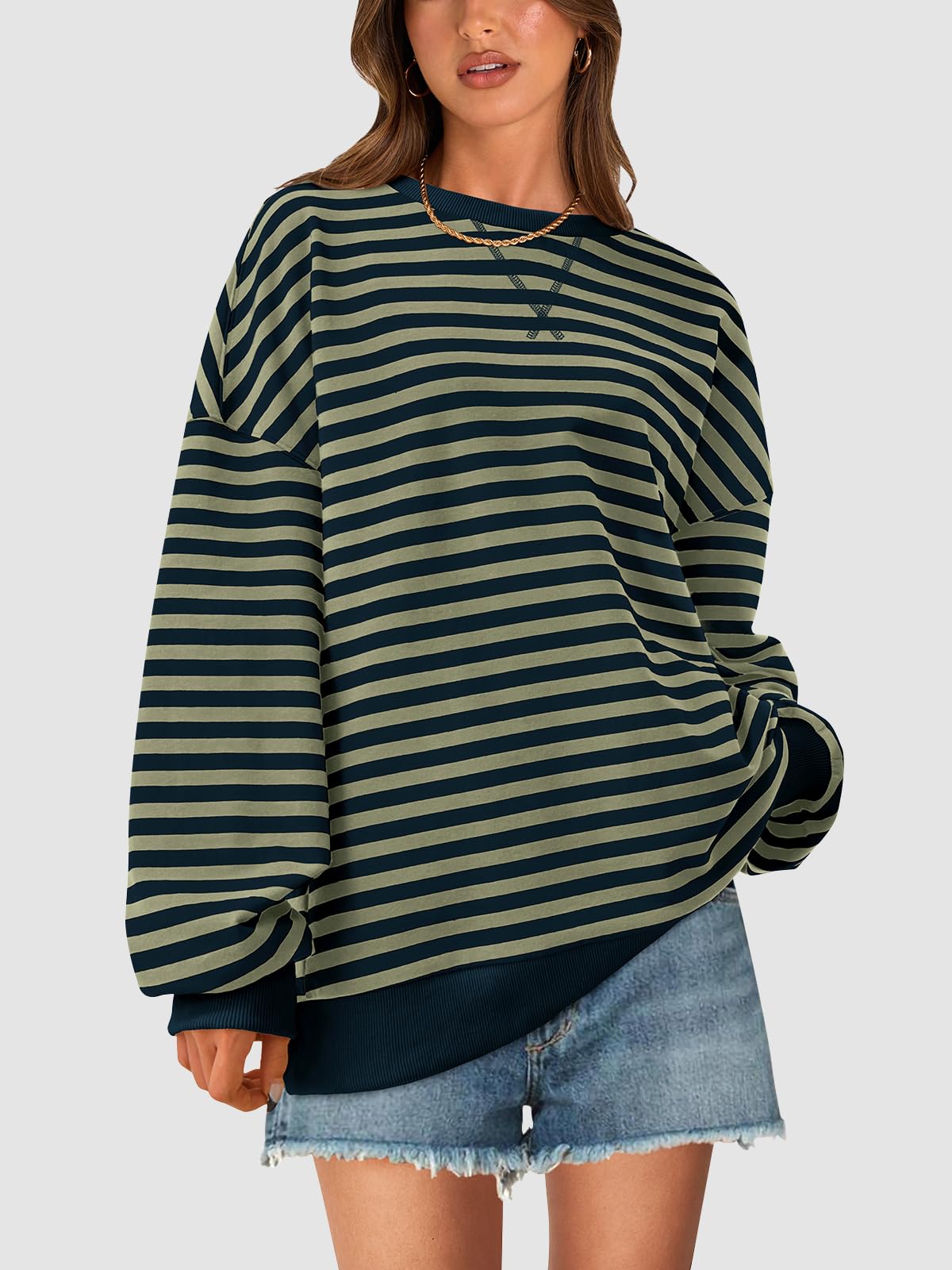 PRETTYGARDEN Womens Striped Oversized Sweatshirt Color Block Crew Neck Long Sleeve Casual Loose Pullover Top Y2K Clothes
