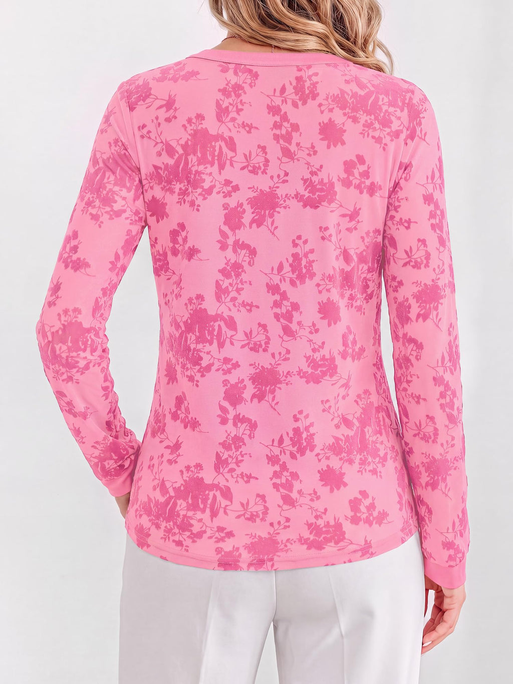 BTFBM Womens Tops Floral Sheer Mesh Long Sleeve Blouses Dressy Casual V Neck Flocked Mesh Shirts,Velvet-Like Flowers,Double Layered,Loose Fit Tunics,Business Casual Top,Fall Fashion Clothing