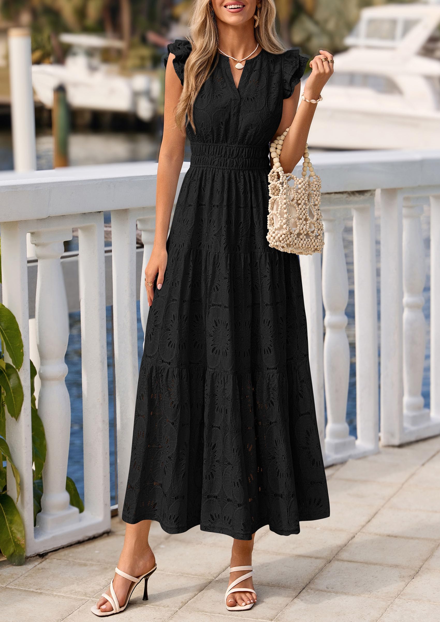 PRETTYGARDEN Womens Boho Maxi Dresses Summer Floral Lace Eyelet V Neck Spring Wedding Guest Dress Beach Vacation Clothes