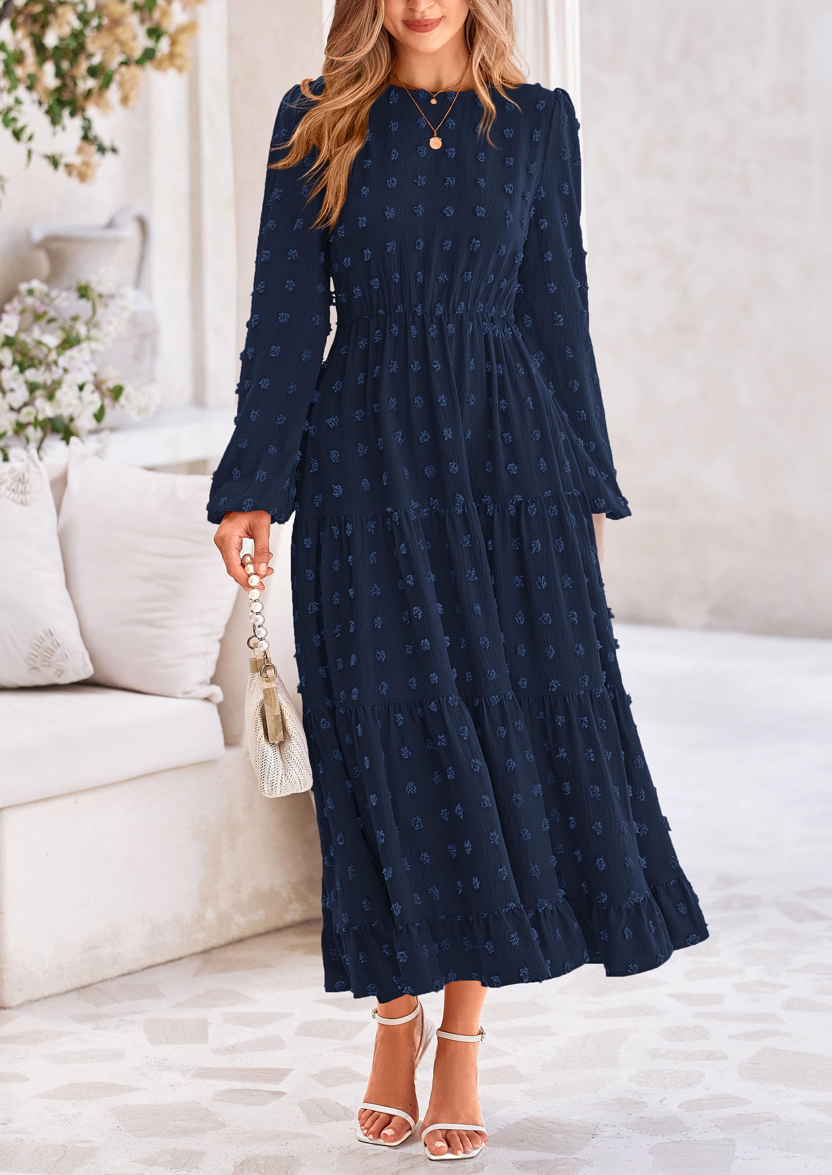 PRETTYGARDEN Women's Fall Spring Elegant Long Sleeve Maxi Dress Swiss Dot A Line Flowy Casual Holiday Party Going Out Dresses