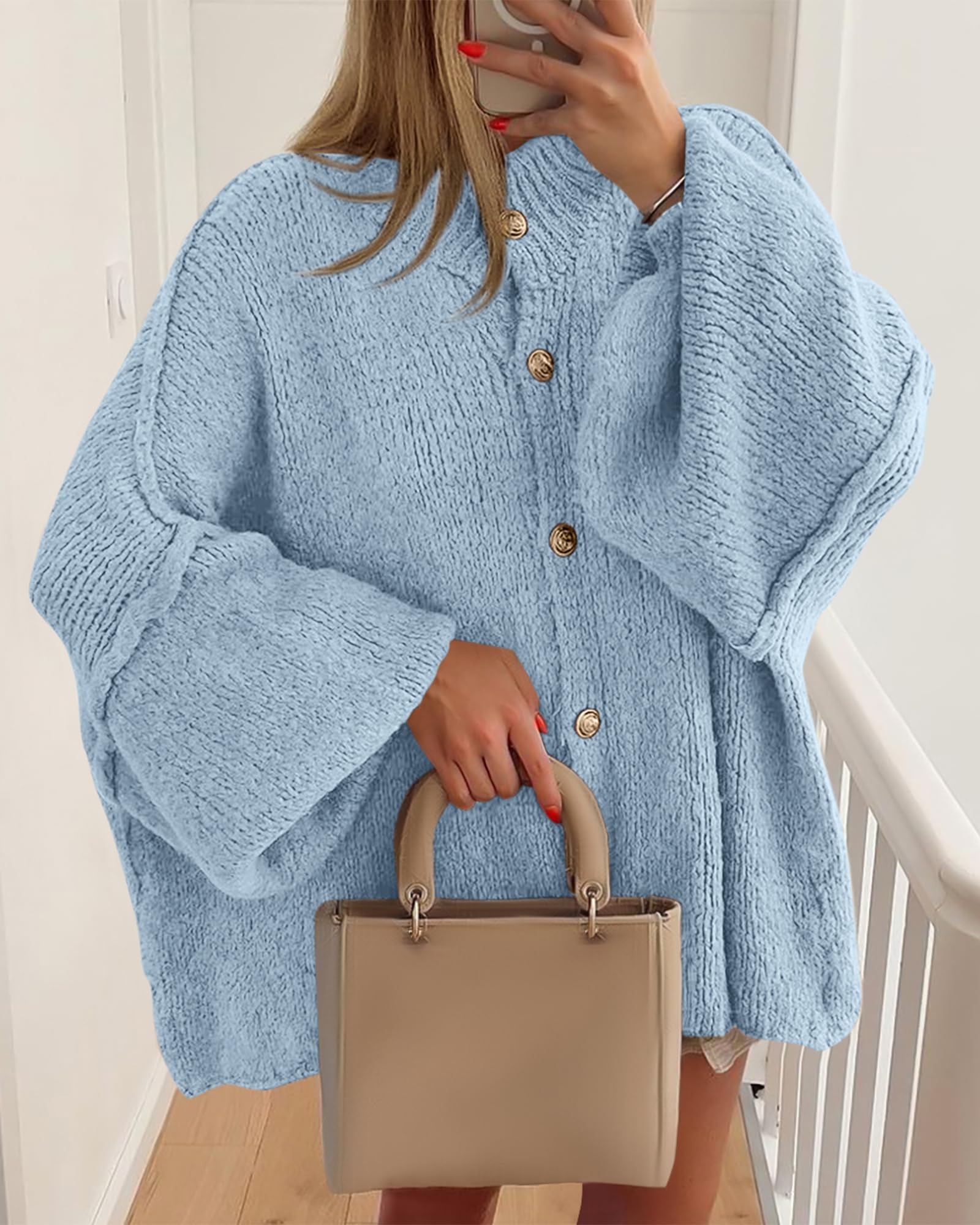 BTFBM Cardigan Sweaters for Women Fall Clothes Lantern Long Sleeve Button Open Front Chunky Knit Oversized Sweater