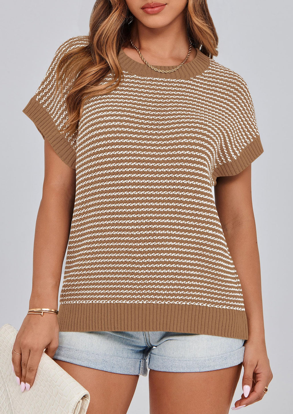 PRETTYGARDEN Womens Short Sleeve Sweater Spring Summer Round Neck Striped Pullover Cap Sleeve Knit Sweater Vest Tops