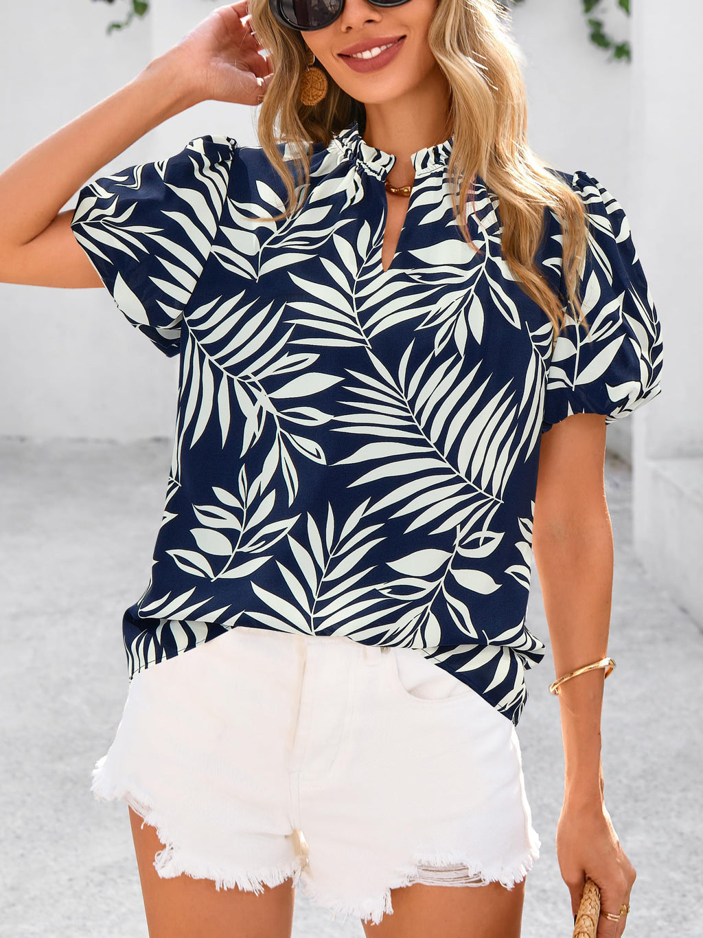 PRETTYGARDEN Boho Short Sleeve Floral Work Blouses for Women Dressy Casual V Neck Puff Sleeve Loose Chiffon Flowy Tops Shirts