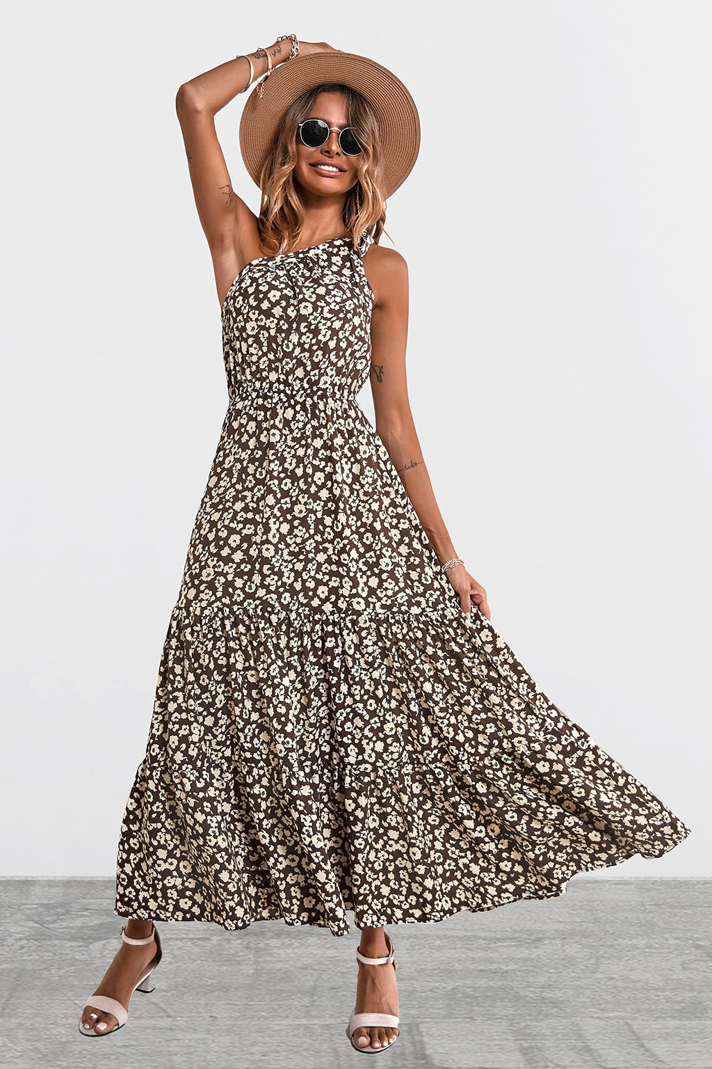 PRETTYGARDEN Women's Summer Floral One Shoulder Maxi Dress Knot Ruffle Boho Beach Vacation Wedding Guest Long Sun Dresses
