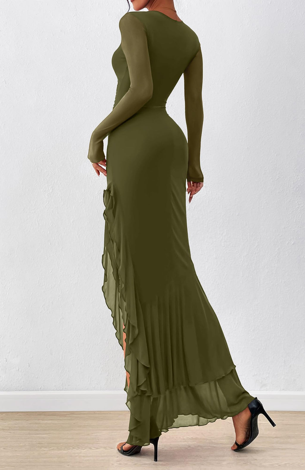 BTFBM Women's Maxi Dresses Fall Long Sleeve Wedding Guest Dress Mesh,Ruched,Bodycon,High Split,Solid Color,Ruffle, Mermaid,Cocktail Dresses,Prom,Party,Homecoming Dress,Fall Outfits