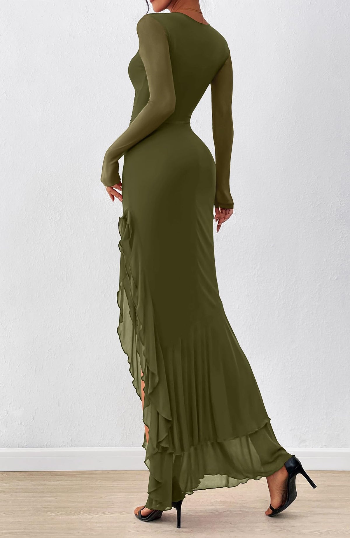 BTFBM Women's Maxi Dresses Fall Long Sleeve Wedding Guest Dress Mesh,Ruched,Bodycon,High Split,Solid Color,Ruffle, Mermaid,Cocktail Dresses,Prom,Party,Homecoming Dress,Fall Outfits