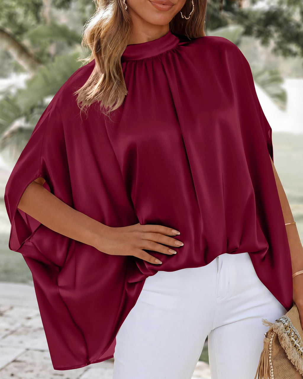 BTFBM Womens Summer Tops Mock Neck Batwing Sleeve Silk Satin Shirts Loose Oversized Dressy Casual Spring Blouses