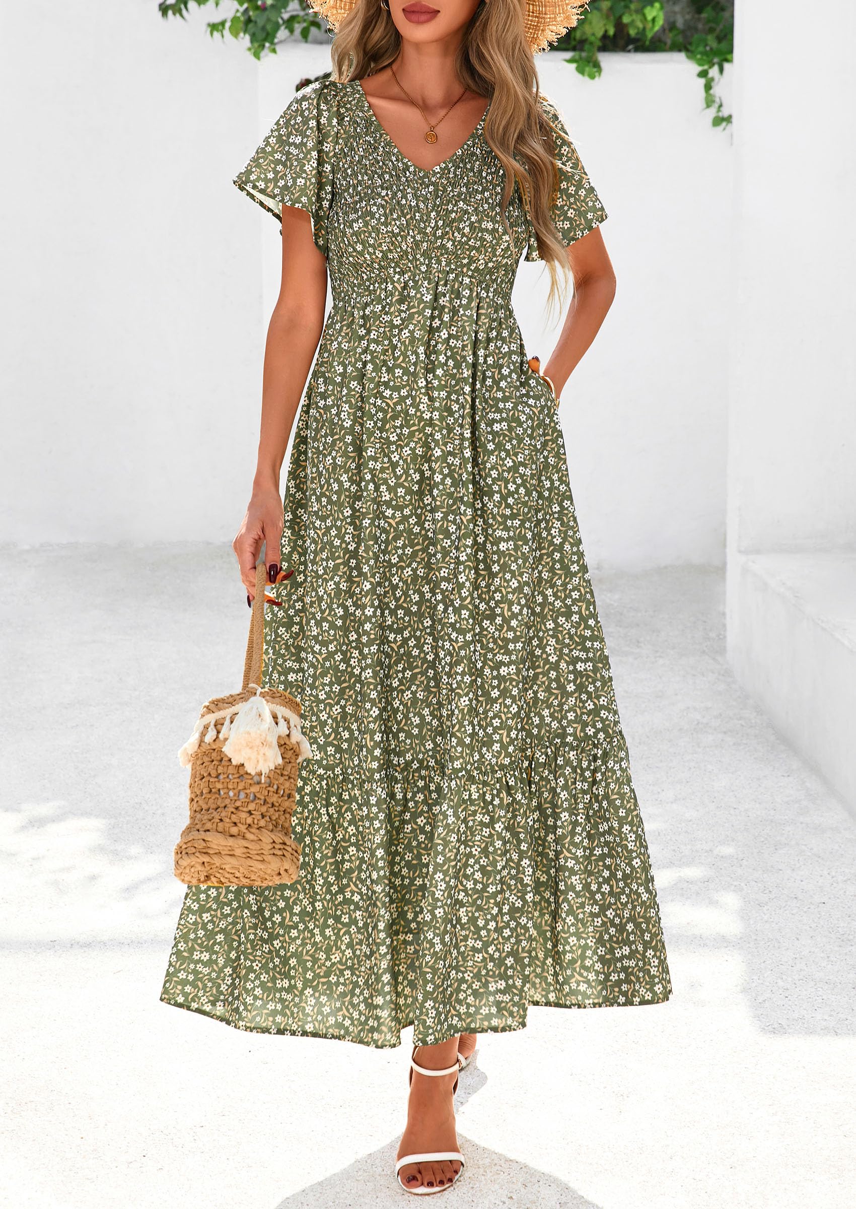 PRETTYGARDEN Boho Dresses for Women Summer Floral Short Sleeve V Neck Smocked Flowy Beach Vacation Maxi Dress
