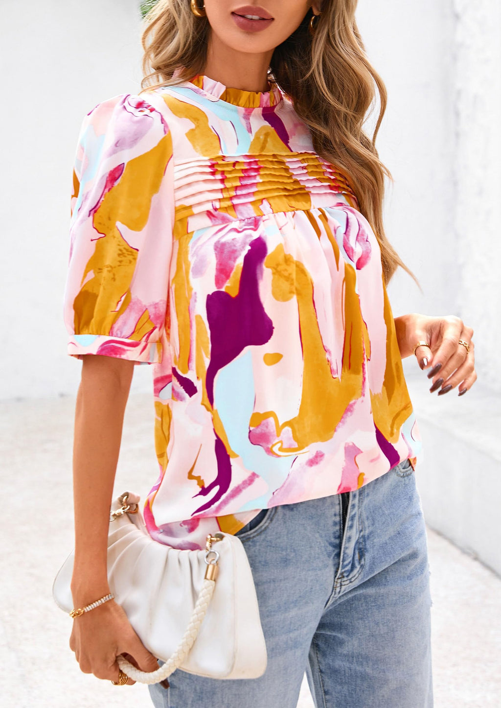 PRETTYGARDEN Floral Tops for Women Blouses Dressy Casual Summer Trendy Outfits Boho Pleated Short Sleeve Shirts