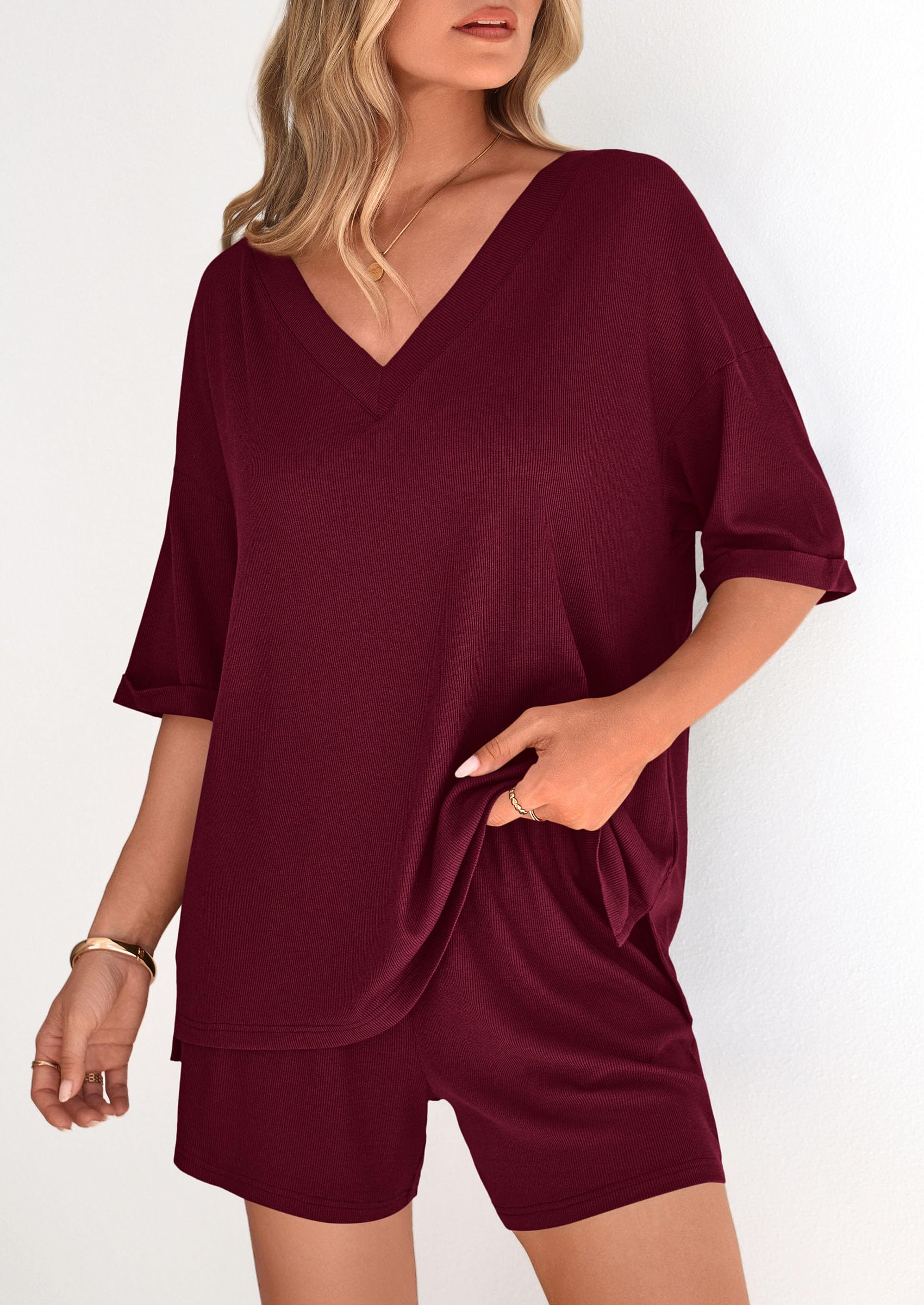 PRETTYGARDEN Womens 2 Piece Sets Summer Oversized Vneck Half Sleeve Tops Shorts Lounge Set Casual Travel Airport Outfits