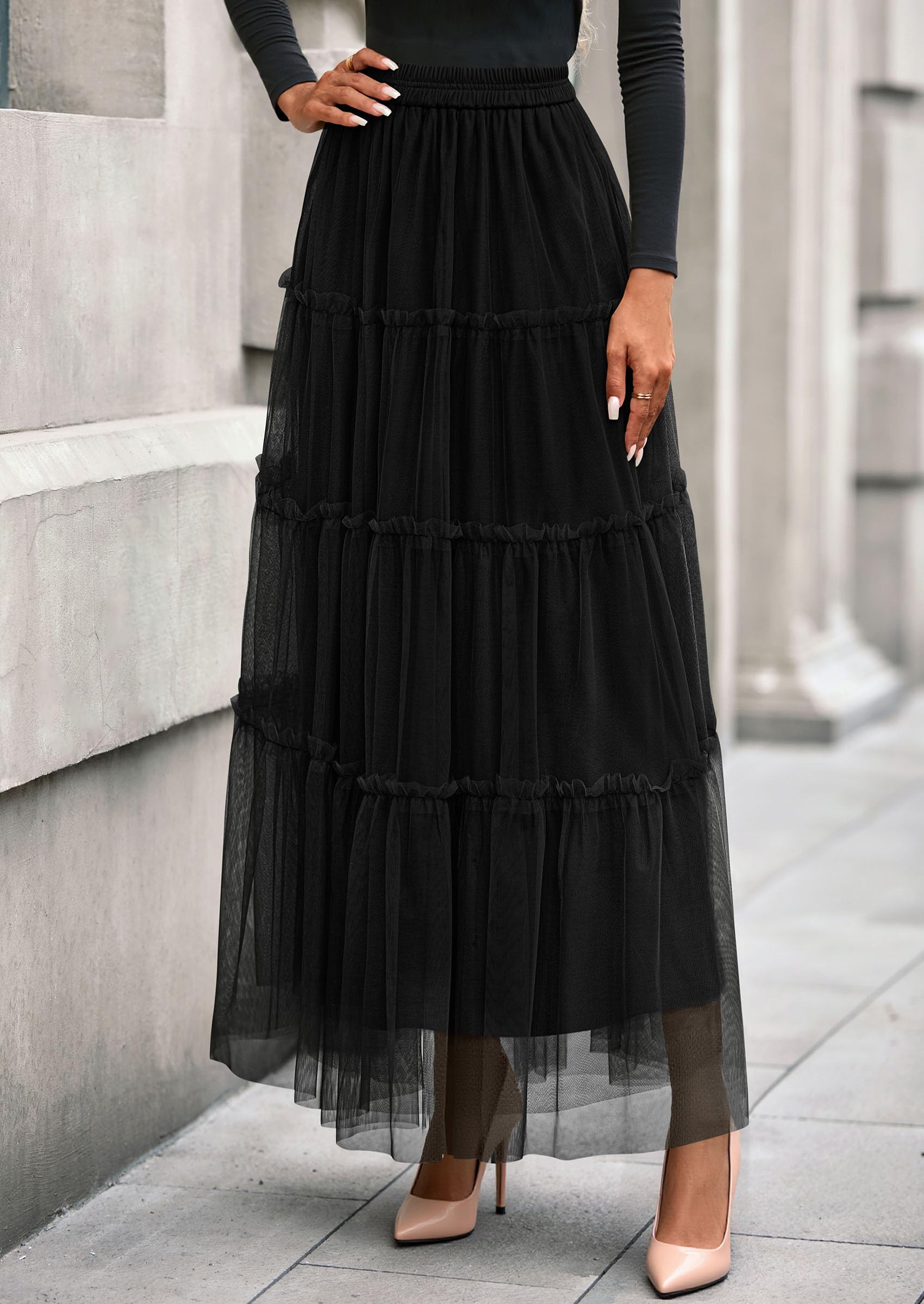PRETTYGARDEN Tulle Skirts for Women Fall Fashion Elastic High Waisted Fairy Tiered Flowy A-Line Casual Maxi Long Skirt