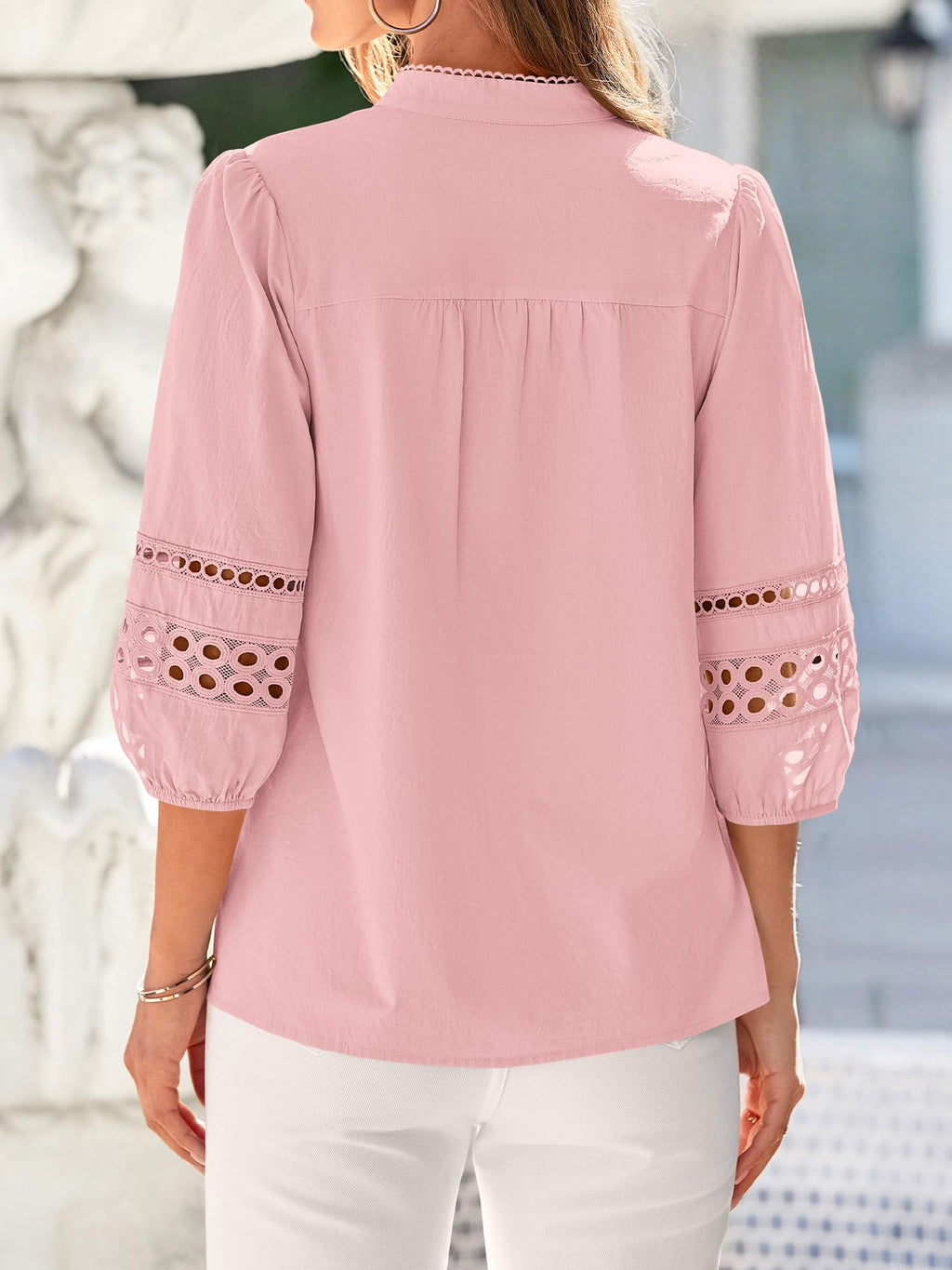 BTFBM 3/4 Length Sleeve Womens Tops Summer Blouses Eyelet Hollow Out Button Down Shirts Business Casual Outfits