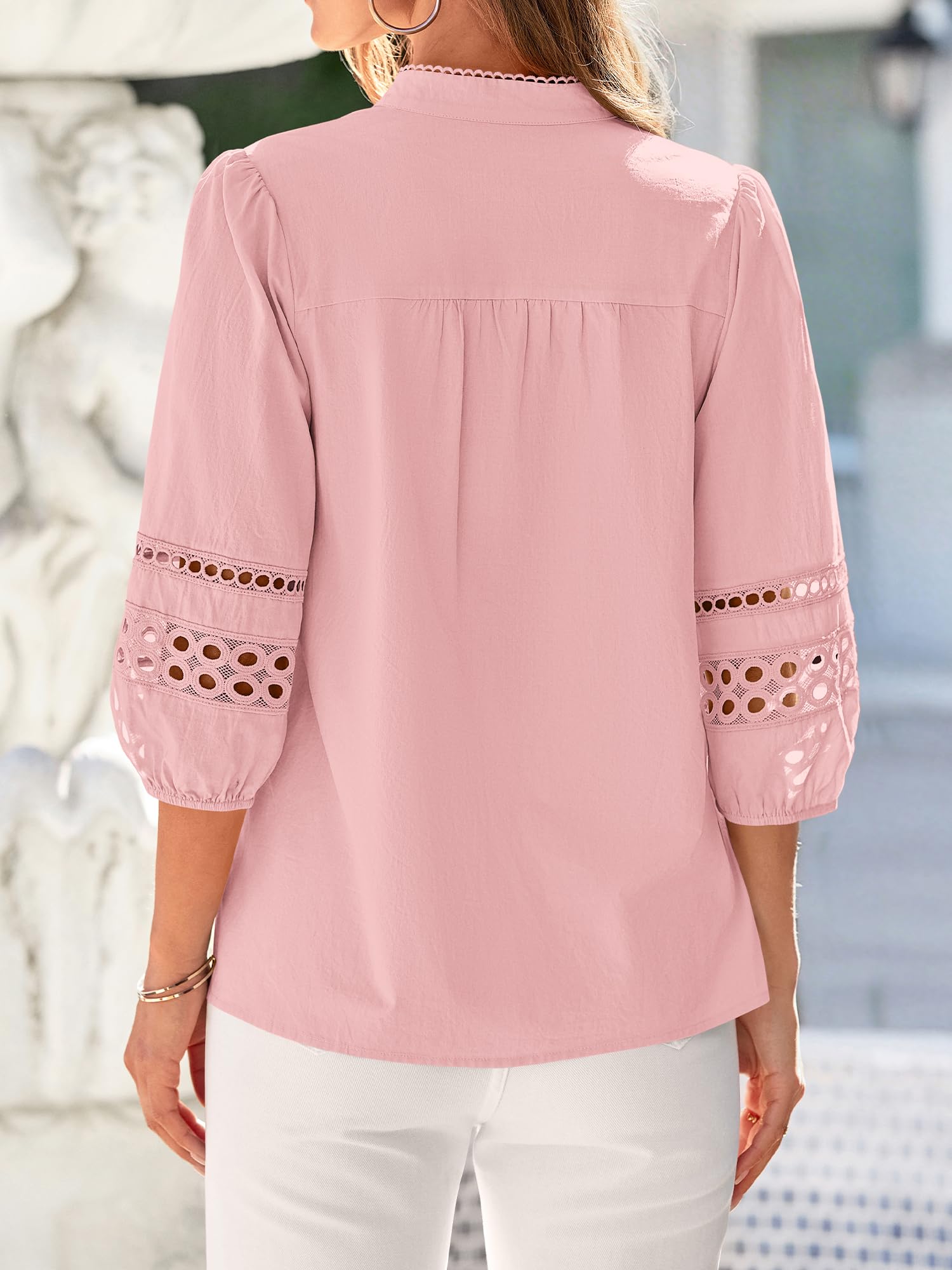 BTFBM 3/4 Length Sleeve Womens Tops Summer Blouses Eyelet Hollow Out Button Down Shirts Business Casual Outfits