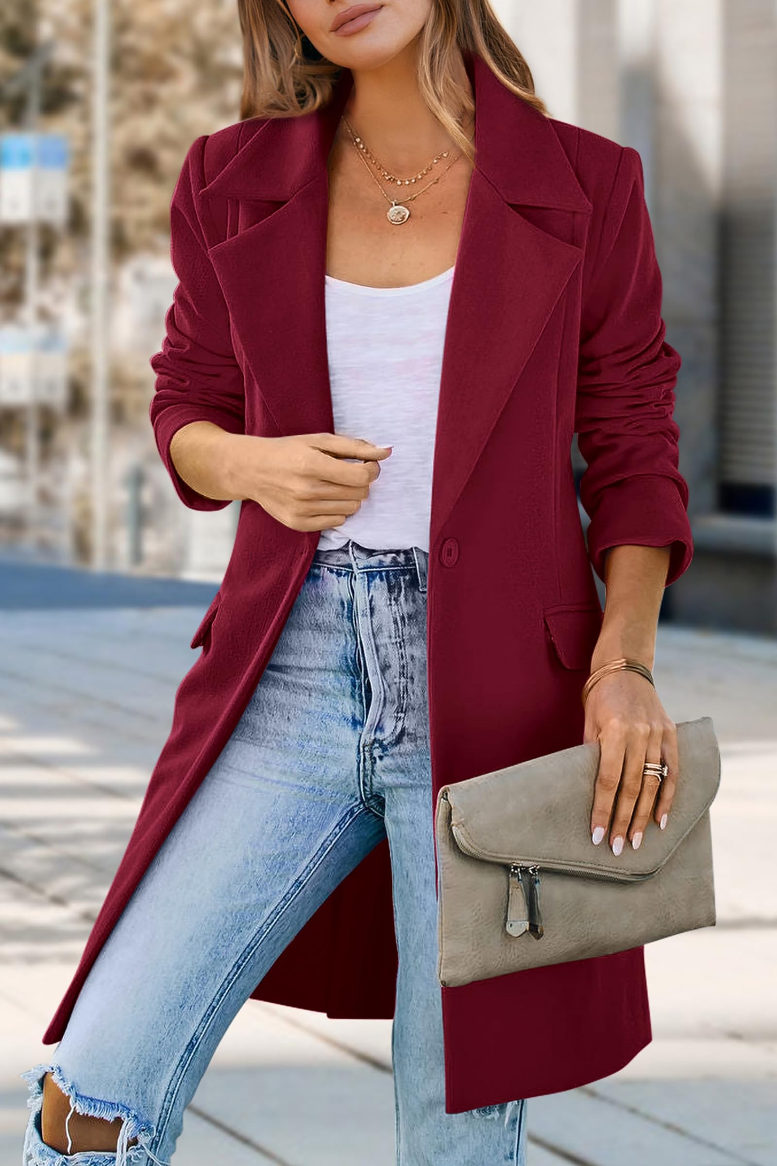 PRETTYGARDEN Women's Spring Fall Long Blazer Jackets Long Sleeve Lapel Pockets Loose Fit Work Casual Blazers Outerwear