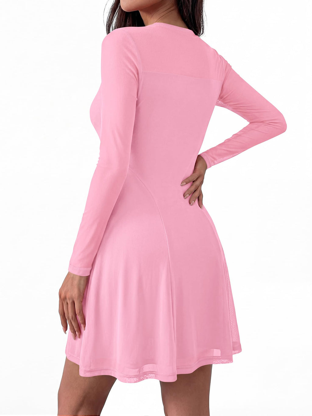 BTFBM Women’s Mini Dress Sheer Mesh Long Sleeve Crew Neck Flowy A Line Casual Cocktail Party Going Out Dresses Fall