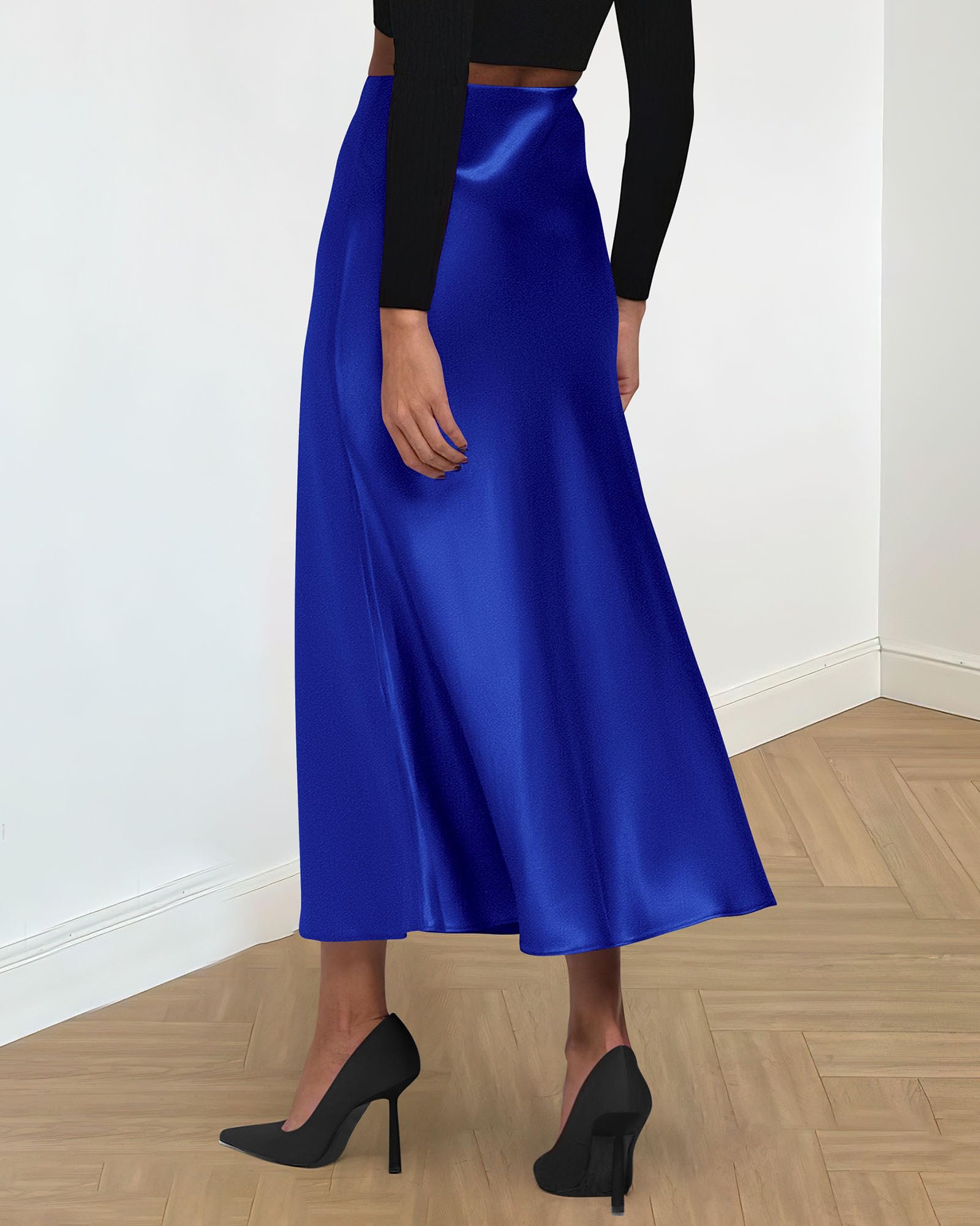 BTFBM Summer Womens Skirts Silk Elegant High Waist Flowy Long Satin A-Line Midi Skirt Cocktail Wedding Party
