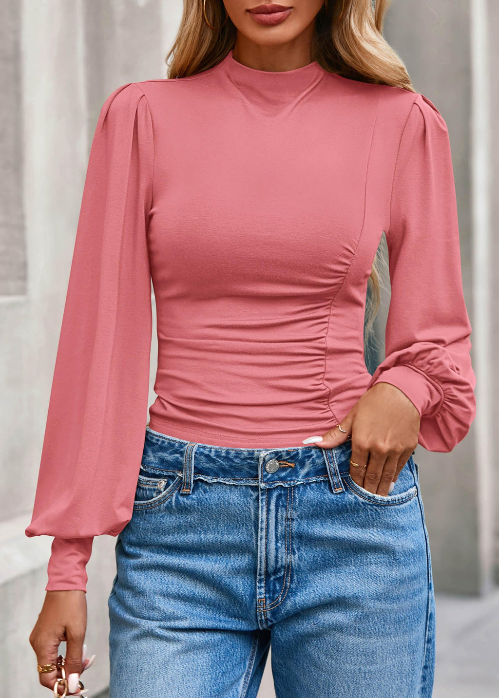 FreshPretty Blouses for Women Dressy Casual Spring Tops Fall Puff Long Sleeve Shirts Fitted Mock Neck Ruched Trendy Tops