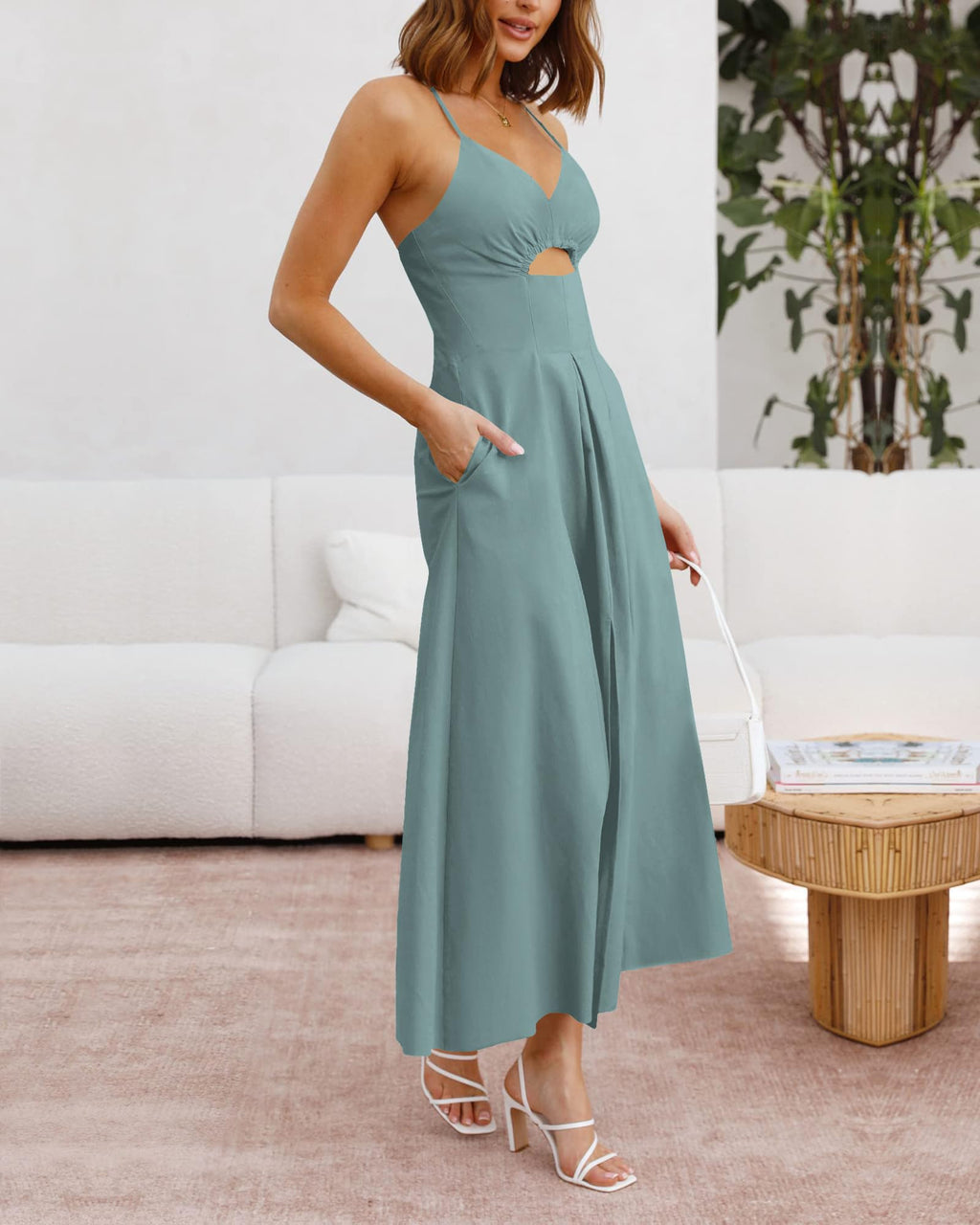 BTFBM Women Spaghetti Strap Midi Summer Dresses Sleeveless V Neck Cutout Slit Casual Beach Party Maxi Dress Pockets