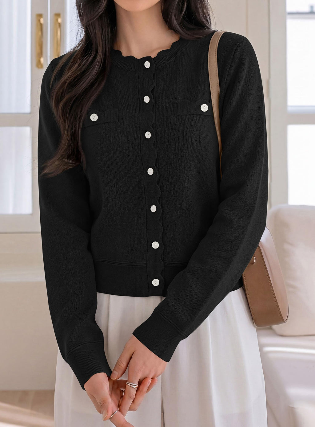 PRETTYGARDEN Cardigan Sweaters for Women Scalloped Button Up Fall Outfits Soft Knit Long Sleeve Knit Tops,Crew Neck,Business Casual Outfits,Office Work Lightweight Sweater,Layers Clothes