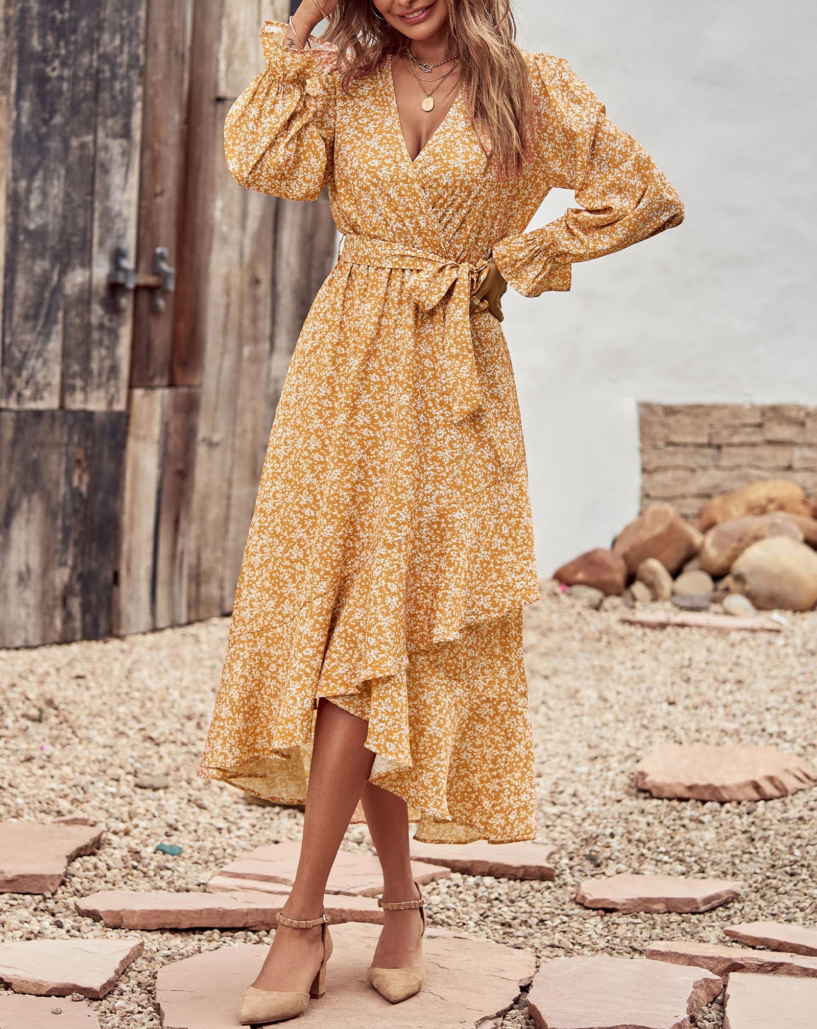 BTFBM Womens Dresses Summer V Neck Floral High Waist Ruffle Wedding Guest Cocktail Boho Spring Long Sleeve Dress
