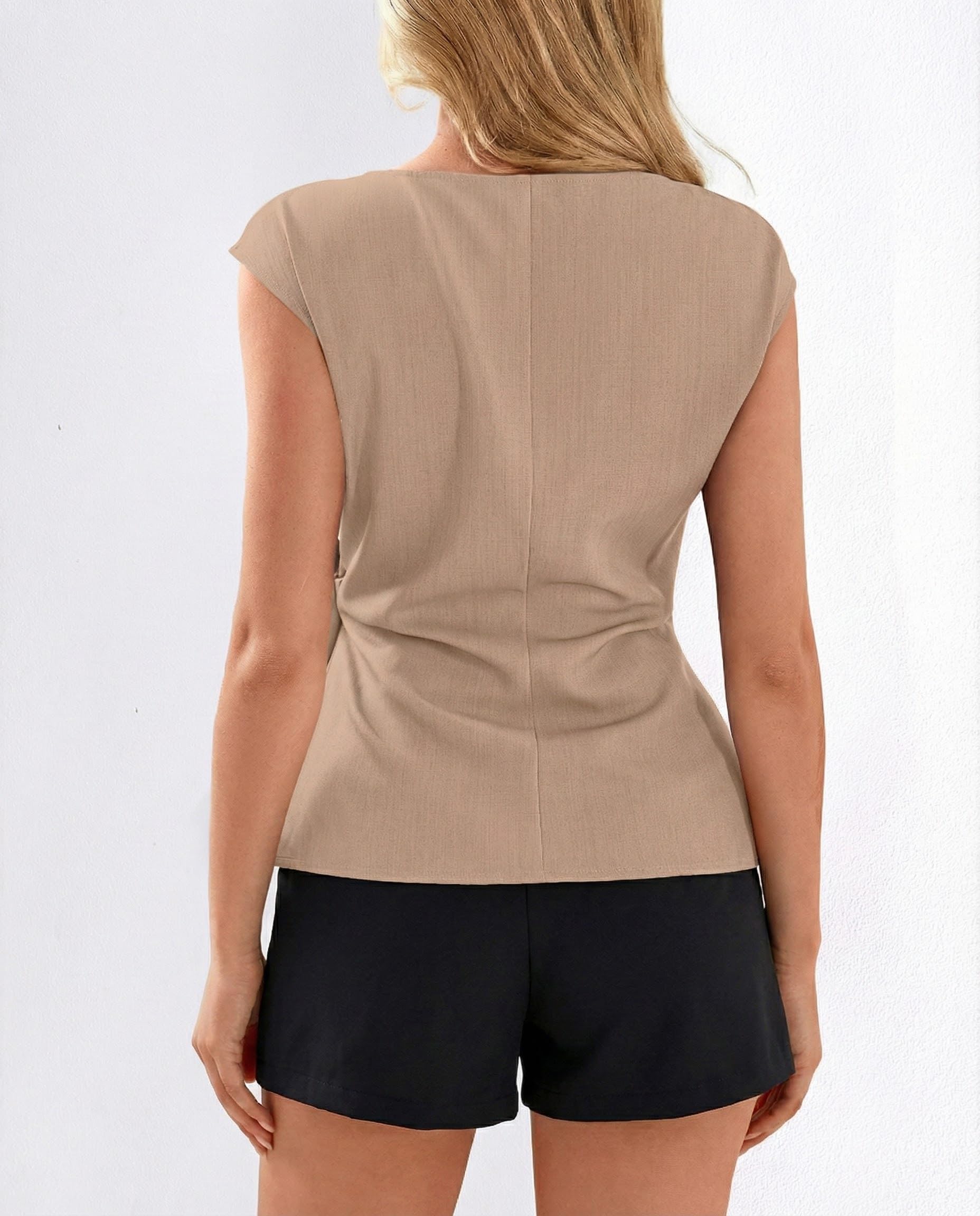 FreshPretty Womens Tops Summer Cap Sleeve Crew Neck Tie Waist Blouses Dressy Casual Business Work Clothes Spring Fashion