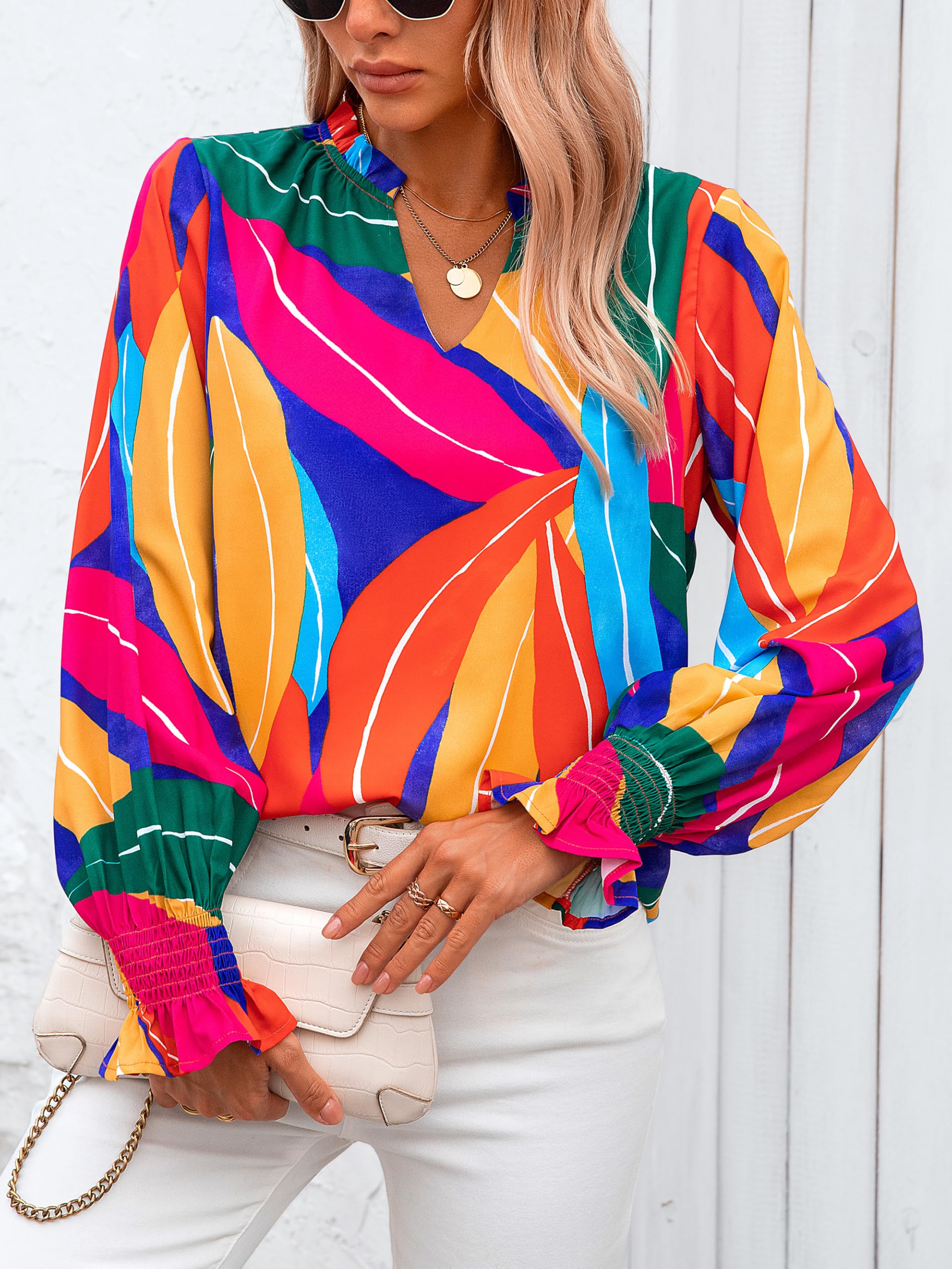 FreshPretty Womens V Neck Floral Long Sleeve Tops Summer Casual Loose Puff Sleeve Chiffon Boho Work Blouse Dressy T Shirts