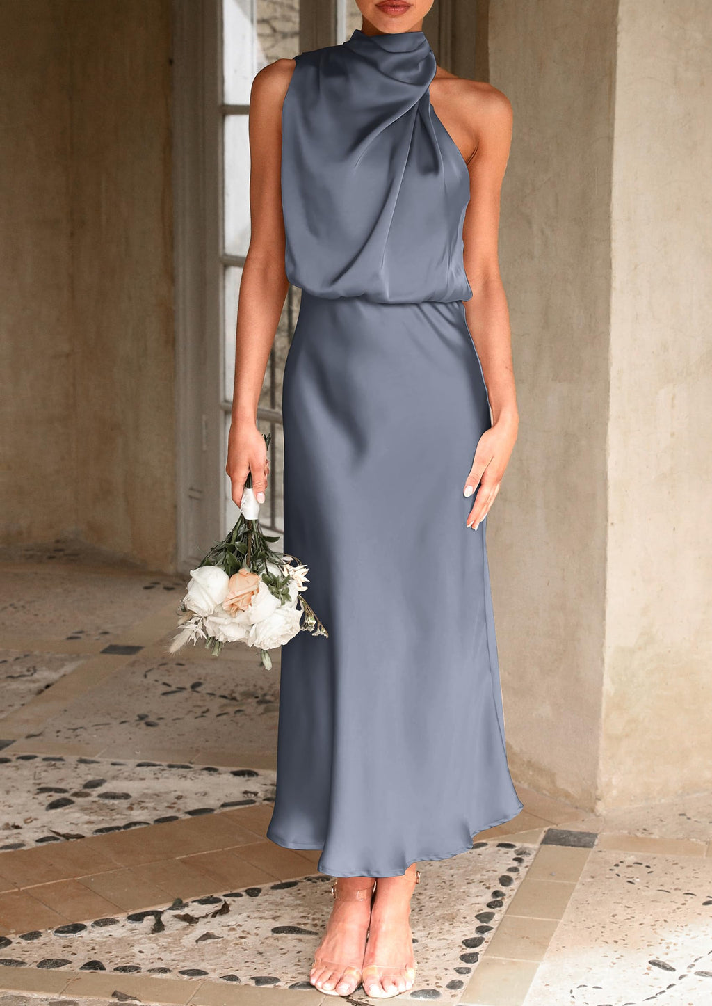 PRETTYGARDEN Women's Summer Satin Dress Elegant Sleeveless Mock Neck Cocktail Party Maxi Dresses