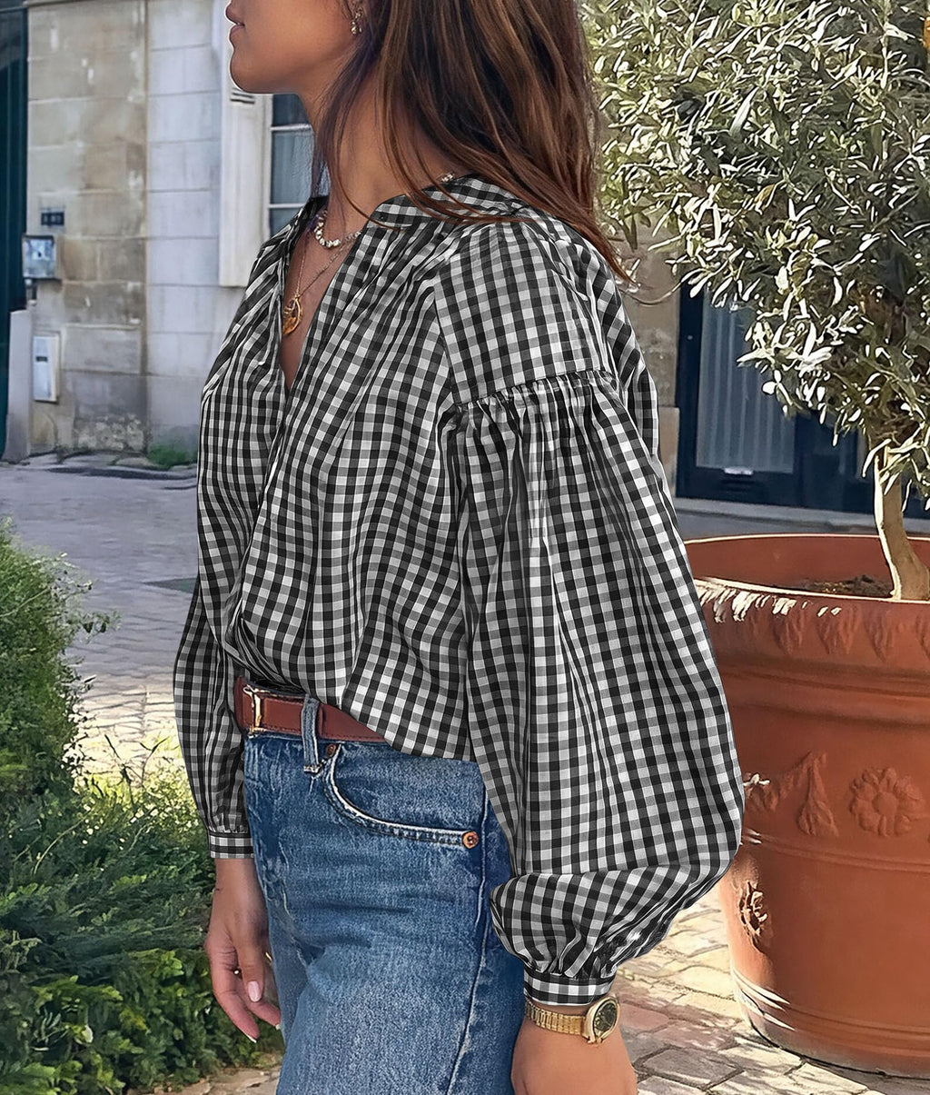 PRETTYGARDEN Women Fall Plaid Long Puff Sleeve Shirts V Neck Casual Blouses Gingham Button Down Oversized, Pleated Drop Shoulder Cotton Tops, Dressy Casual, Work Vacation Travel, Fall Outfits Trendy