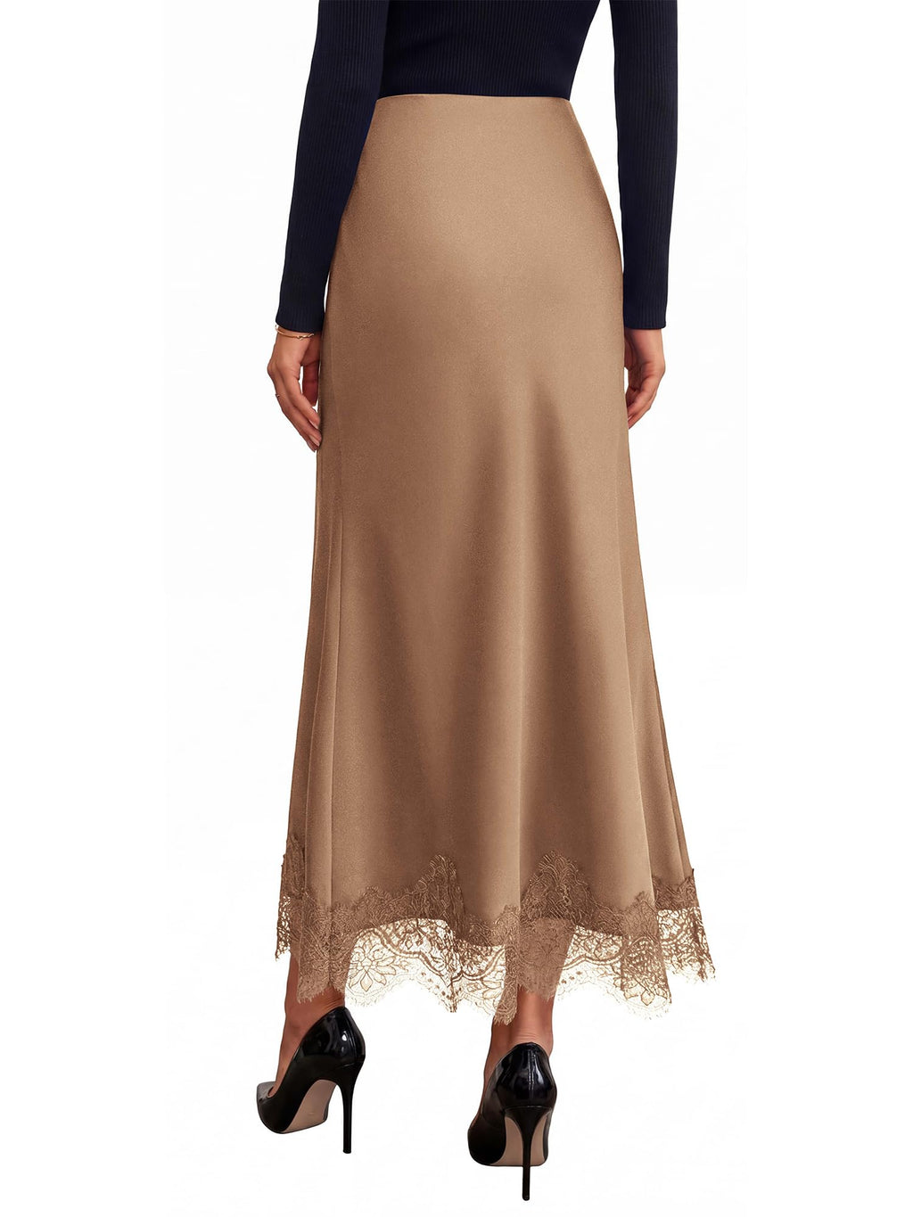 BTFBM Lace Trim Satin Skirts for Women Elegant | Lightweight, High Waist, A-Line, Flowy Maxi Skirt, Wedding, Cocktail, Graduation, Holiday Outfits, Fall Fashion Clothing