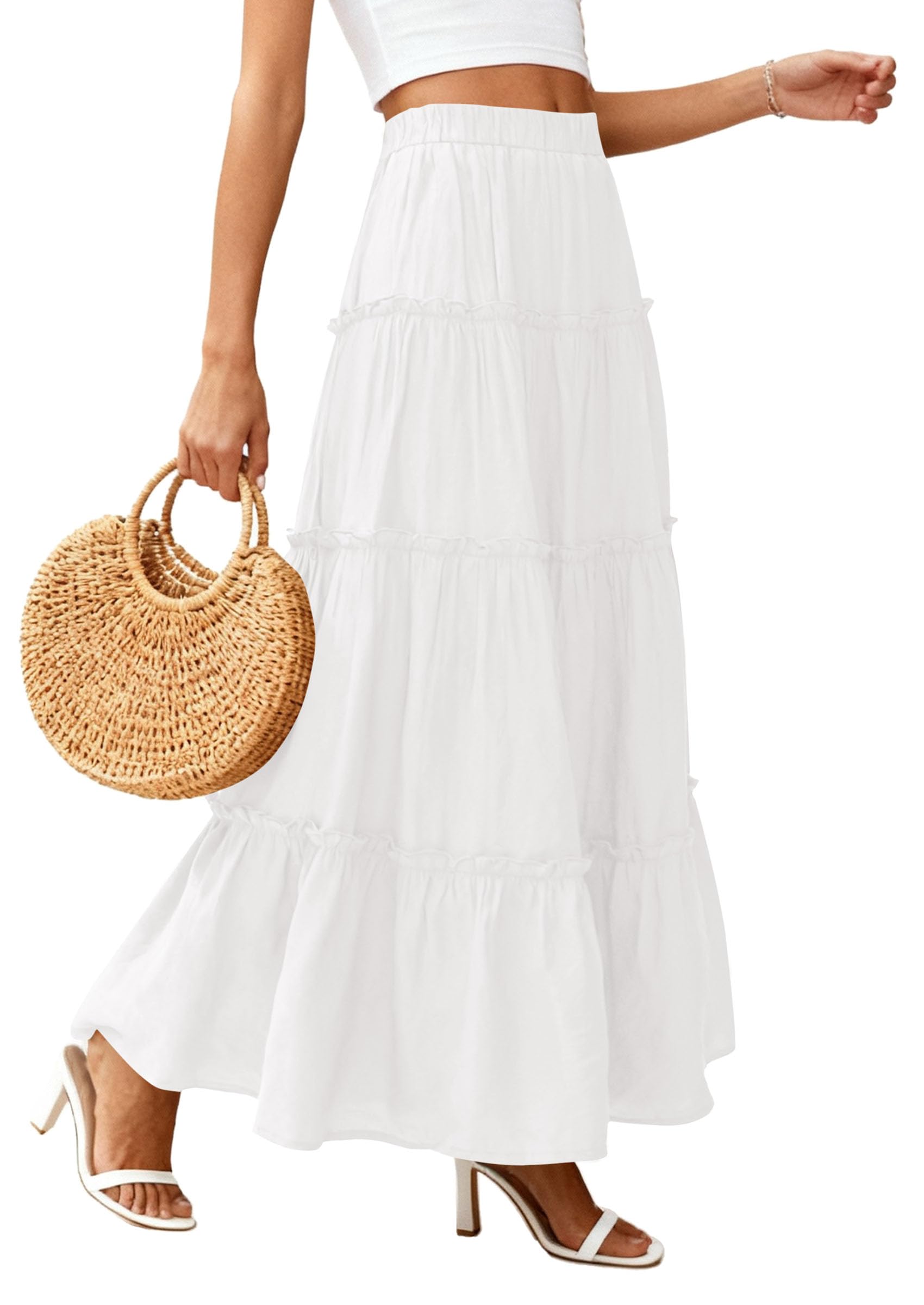 PRETTYGARDEN Women's Tiered Maxi Skirt Summer Spring Fashion High Waisted Long Flowy Casual Boho Beach Vacation Clothes