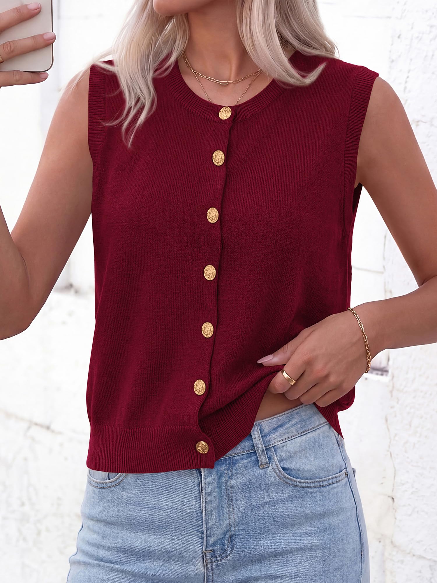BTFBM Sweater Vest Women Casual Crewneck Loose Button Down Knit Sleeveless Cardigan Spring Clothes Summer Vest Tops