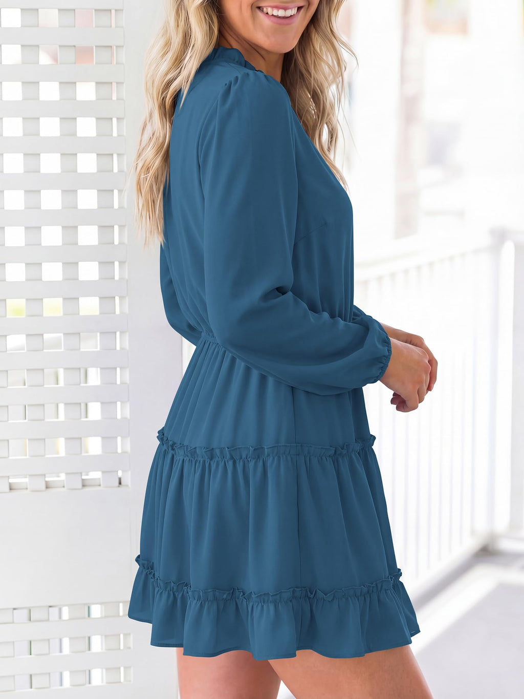 BTFBM Long Sleeve Summer Dresses for Women Casual Tie Neck Ruffle Tiered A Line Mini Spring Wedding Guest Dress