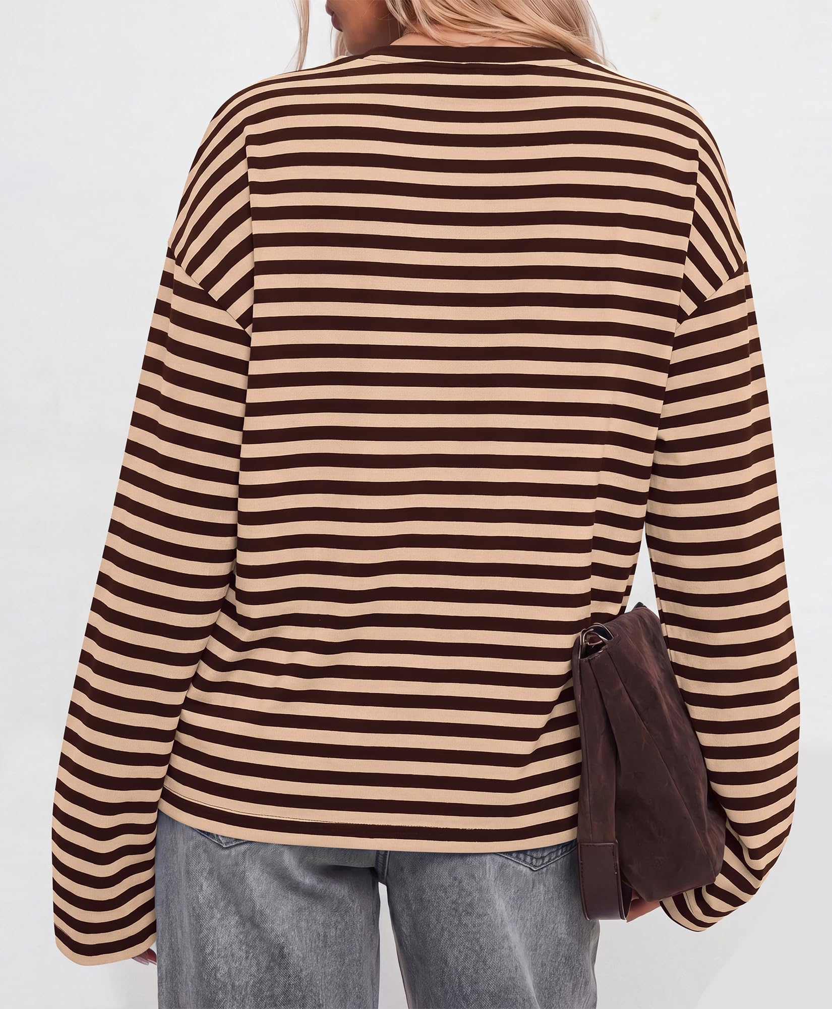 BTFBM Womens Long Sleeve Tops Fall Fashion | Lightweight, Crew Neck, Oversized Striped Shirt Women, Y2k Clothes, Vacation Travel Outfits, Going Out Top, Winter Layering