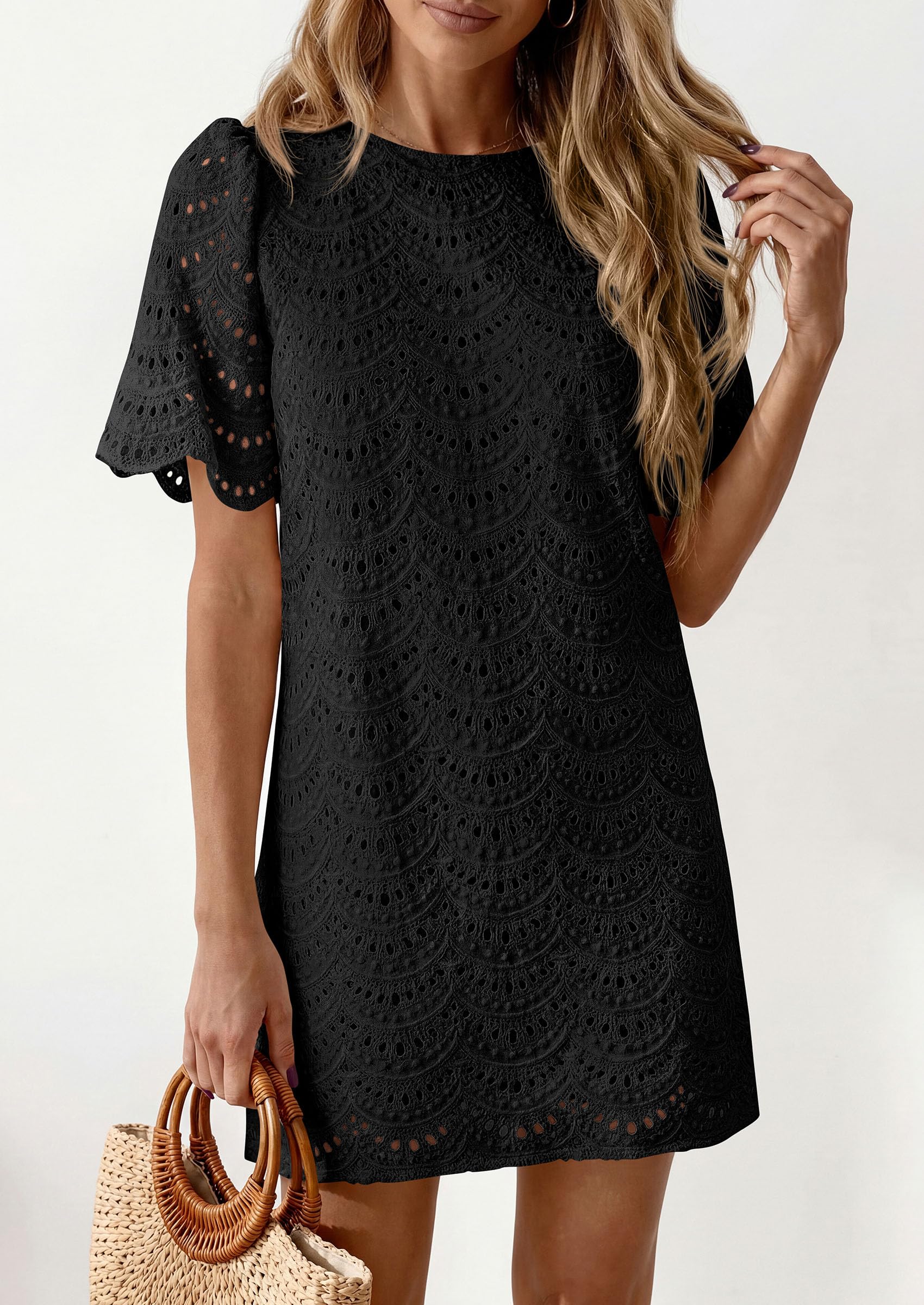 PRETTYGARDEN Women's Summer Casual Short Dresses Embroidered Lace Short Sleeve Boho Mini Dress Beach Vacation Clothes