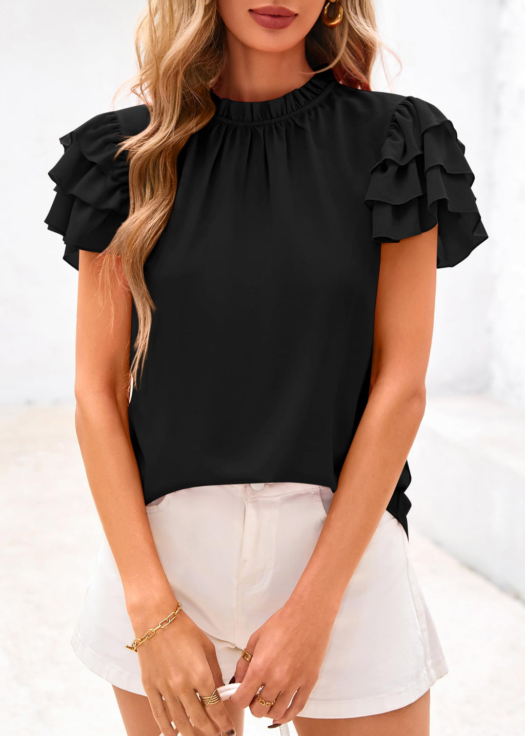FreshPretty Blouses for Women Dressy Casual Spring Summer Ruffle Short Sleeve Mock Neck Work Shirts Tops Fashion Clothing