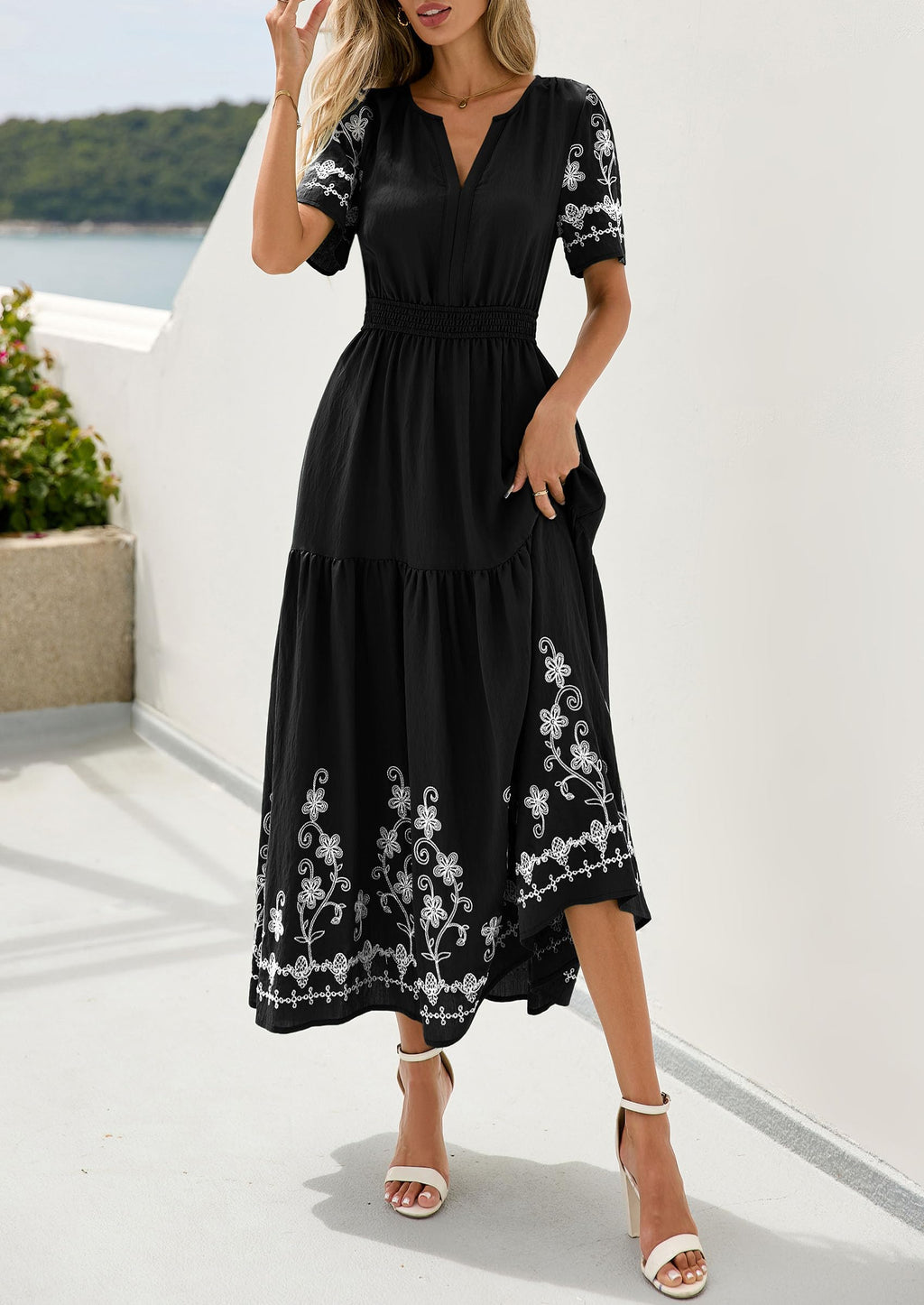 PRETTYGARDEN Women's Summer Boho Maxi Dress Spring Floral Short Sleeve V Neck A Line Flowy Beach Wedding Guest Dresses