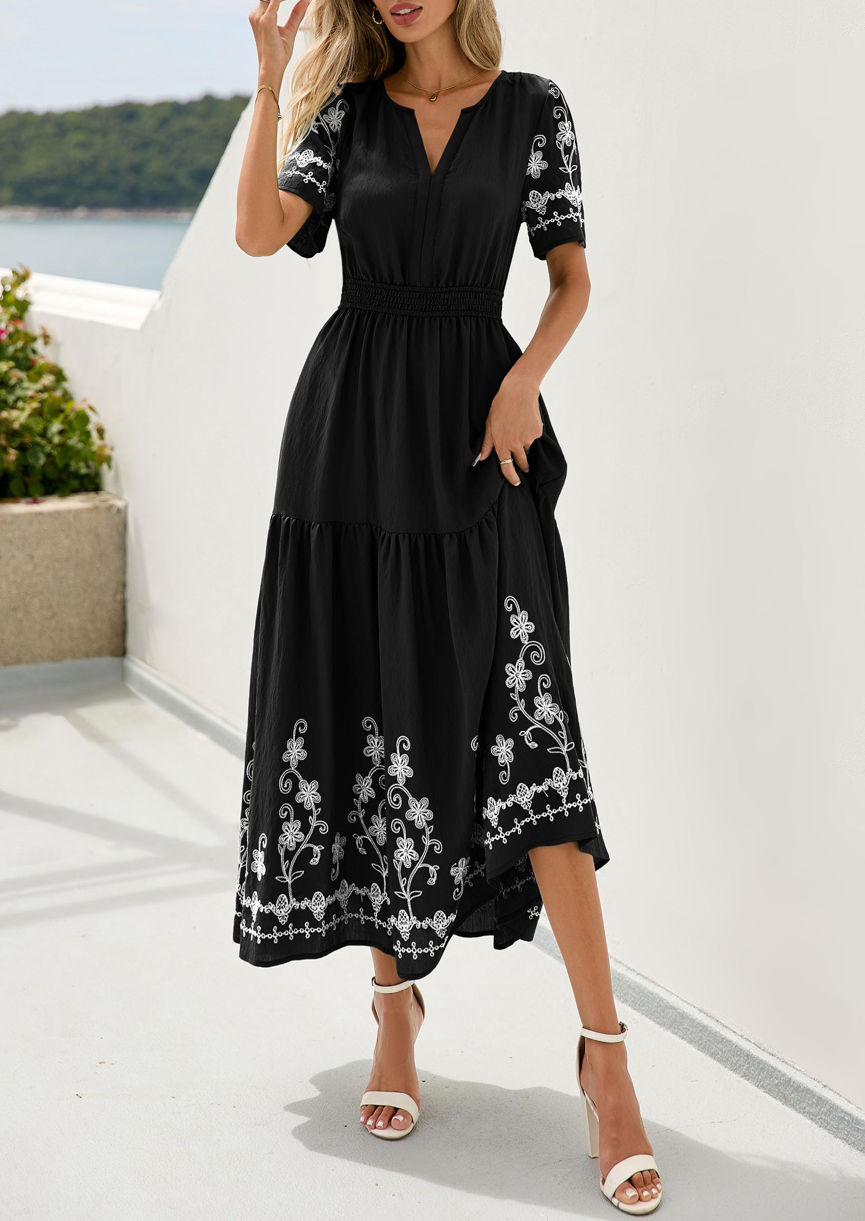PRETTYGARDEN Women's Summer Boho Maxi Dress Spring Floral Short Sleeve V Neck A Line Flowy Beach Wedding Guest Dresses